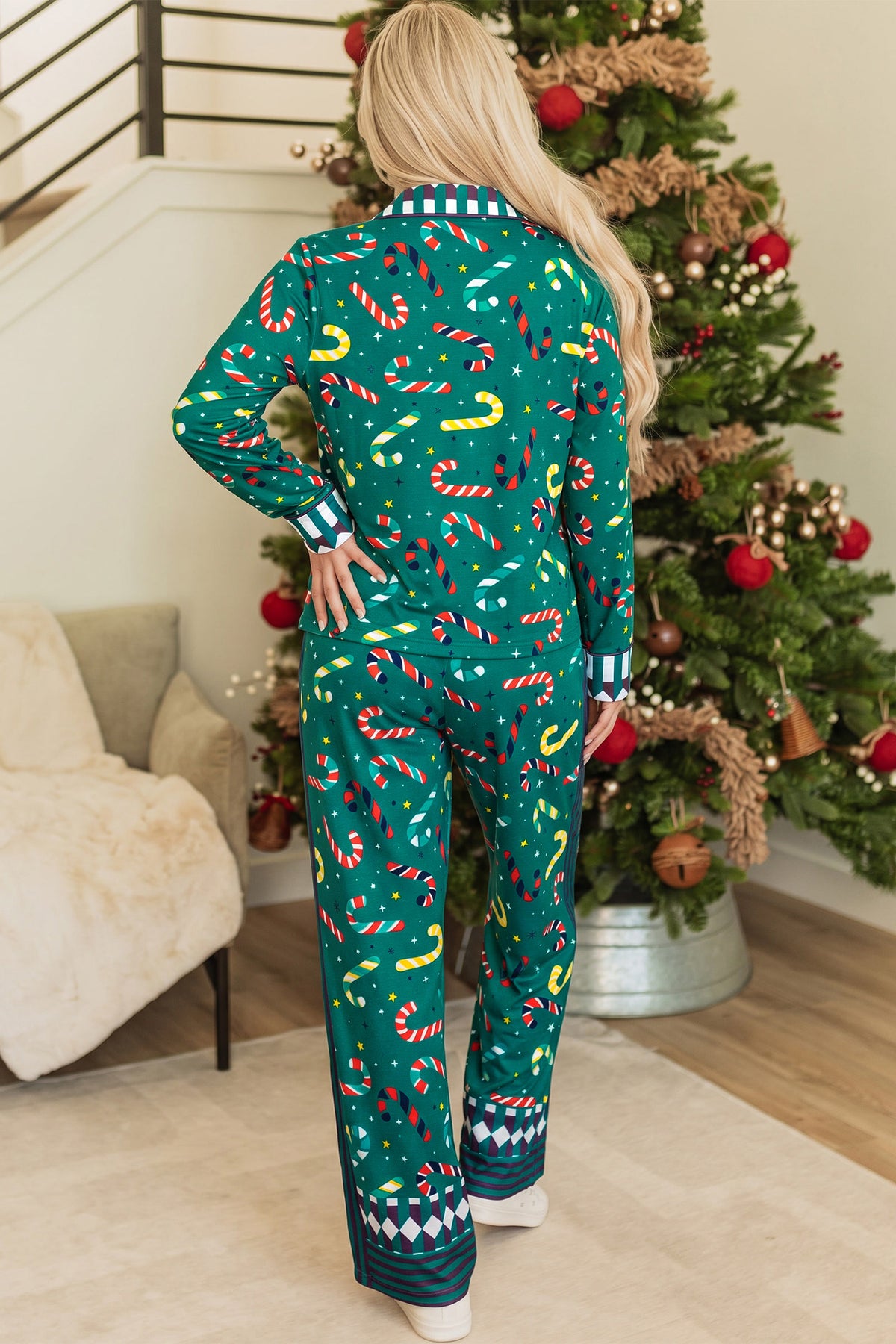 Green Abstract Candy Cane Print Long Sleeve Two Piece Lounge Set