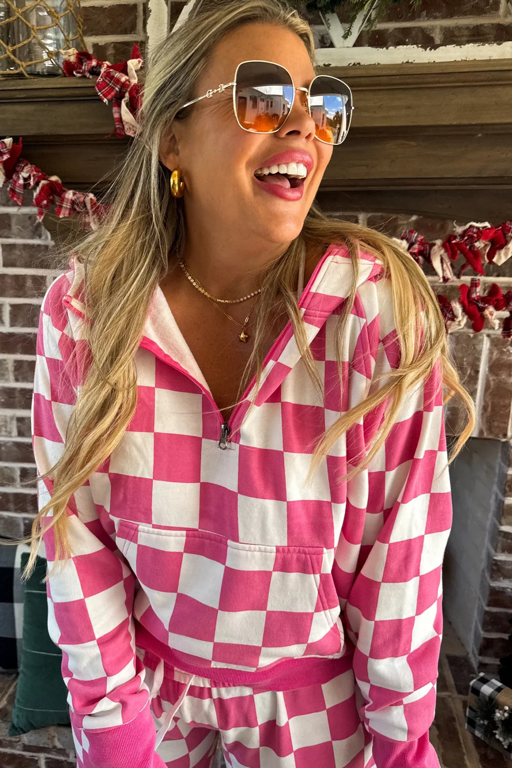 Red Checkered Print Half Zip Hoodie Loose Pant Set-Two Piece Sets/Pant Sets-[Adult]-[Female]-2022 Online Blue Zone Planet