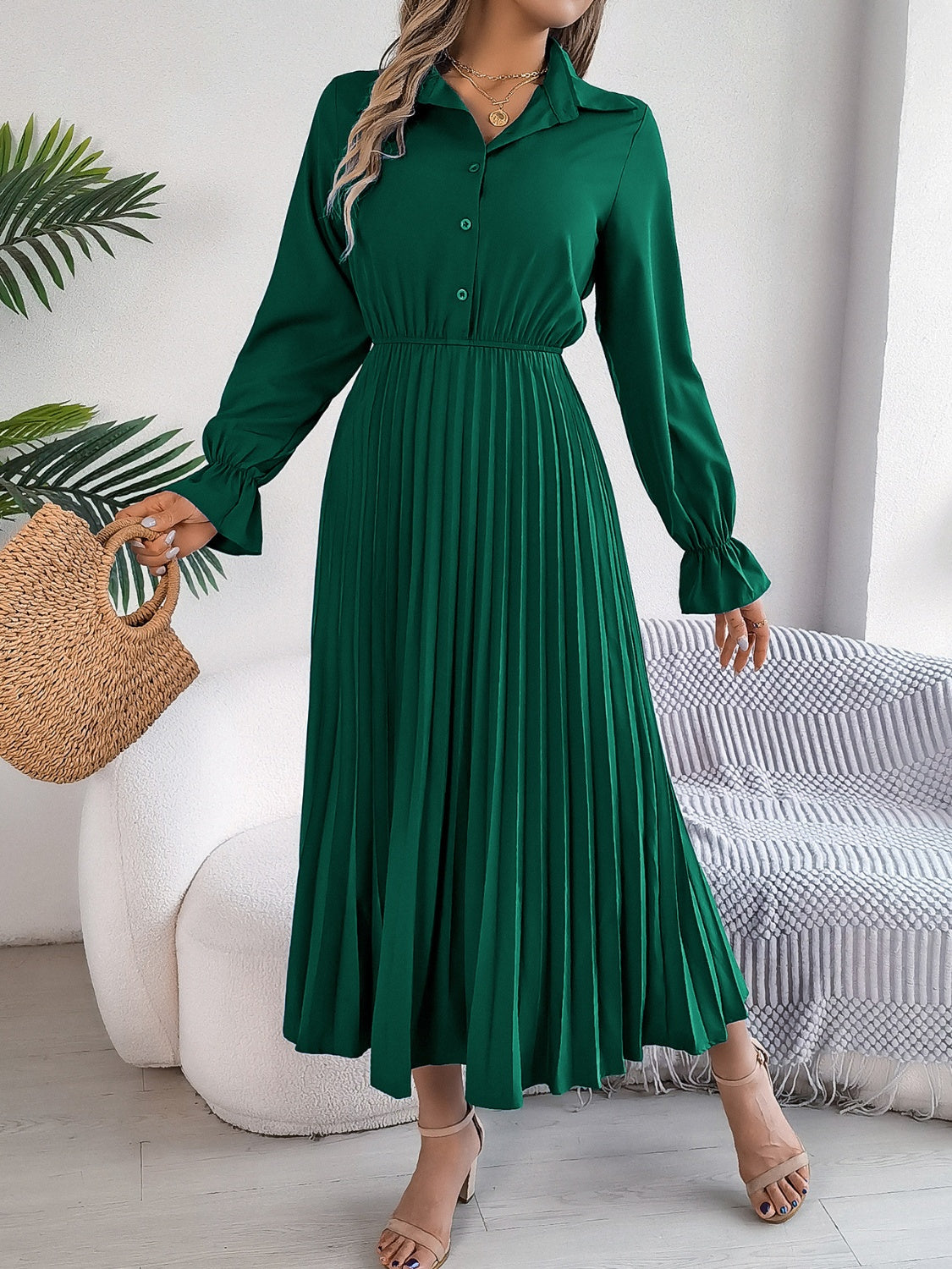 Blue Zone Planet | Pleated Half Button Long Sleeve Midi Dress-TOPS / DRESSES-[Adult]-[Female]-2022 Online Blue Zone Planet