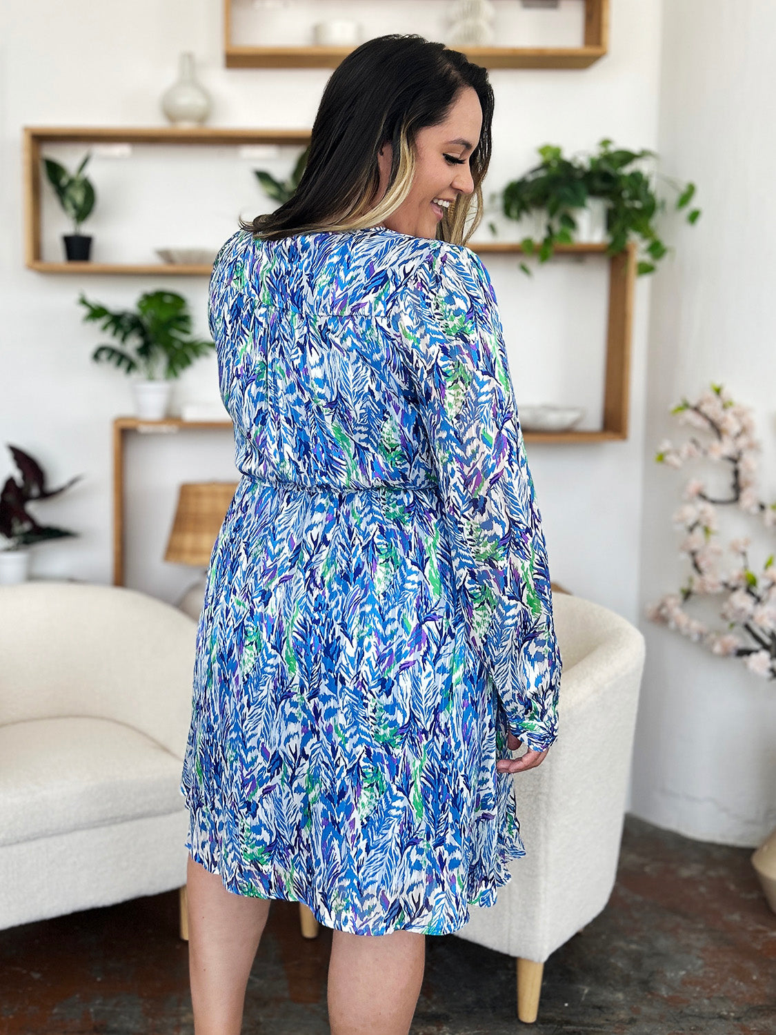 Double Take Full Size Printed Drawstring Waist Long Sleeve Dress-TOPS / DRESSES-[Adult]-[Female]-2022 Online Blue Zone Planet