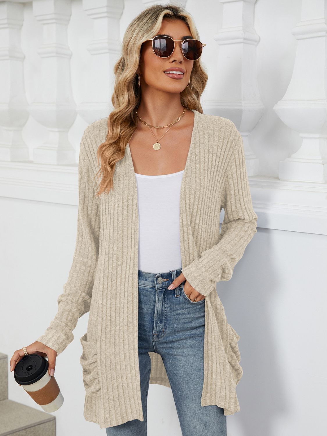 Blue Zone Planet | Pocketed Open Front Long Sleeve Cardigan-TOPS / DRESSES-[Adult]-[Female]-Beige-S-2022 Online Blue Zone Planet