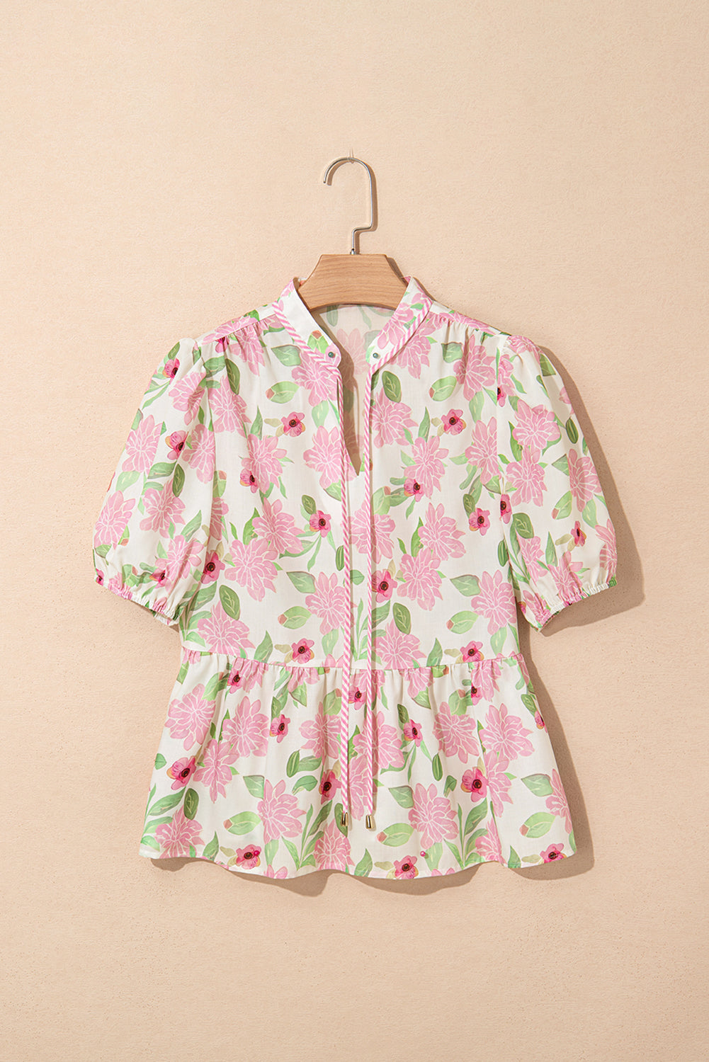 Pink Floral Print Drawstring V Neck Peplum Blouse-Tops/Blouses & Shirts-[Adult]-[Female]-2022 Online Blue Zone Planet