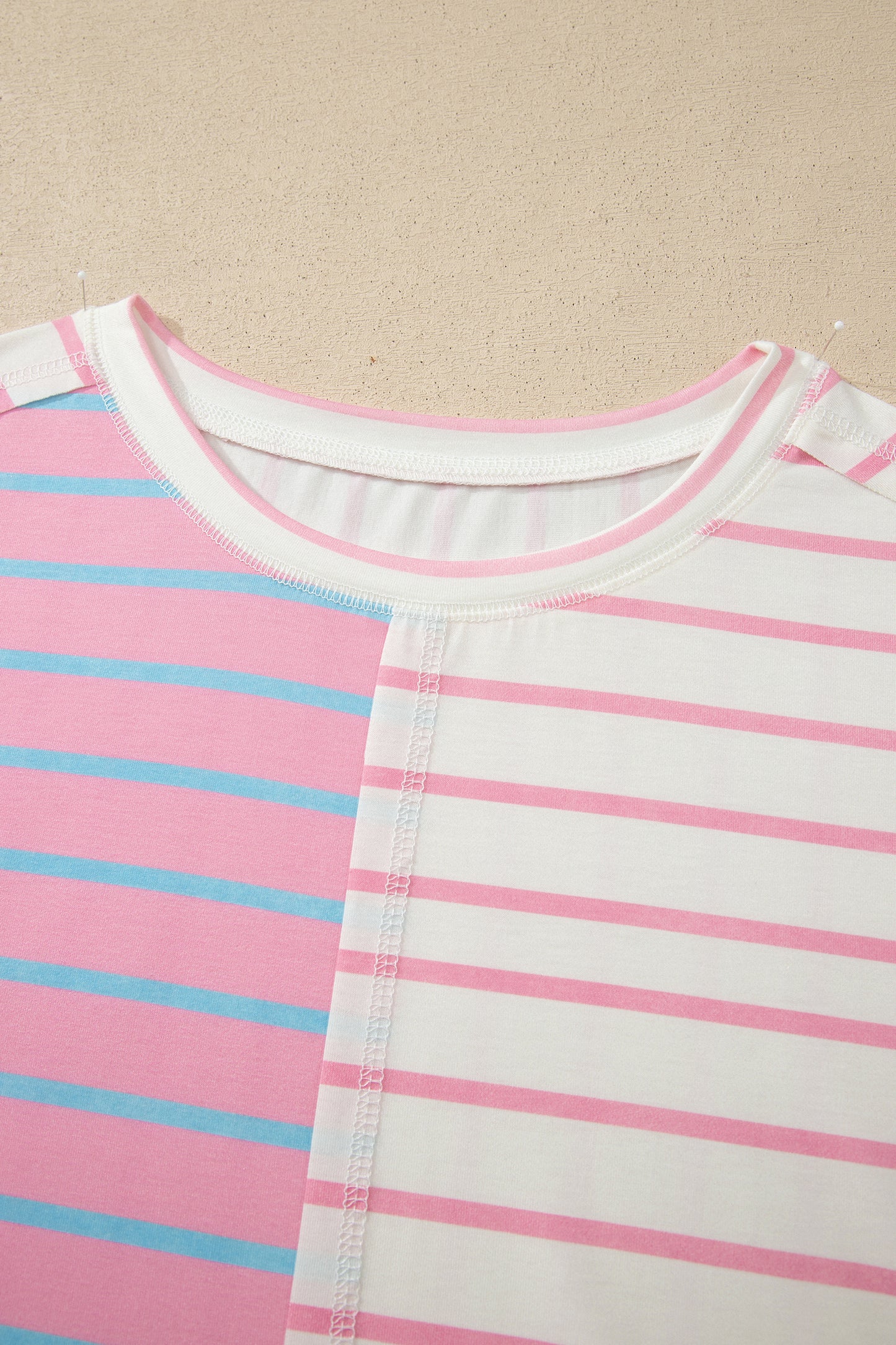 Green Stripe Colorblock 3/4 Sleeve Loose T Shirt-Tops/Tops & Tees-[Adult]-[Female]-2022 Online Blue Zone Planet