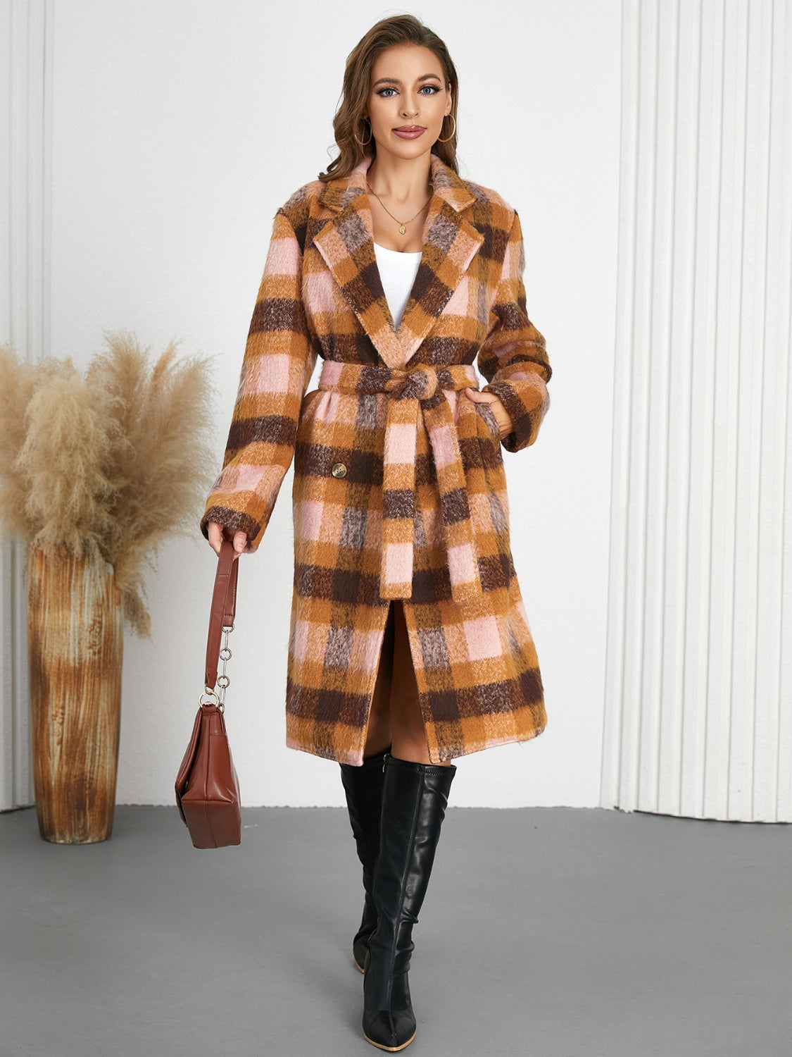 Blue Zone Planet | Tied Plaid Collared Neck Coat-TOPS / DRESSES-[Adult]-[Female]-Watermelon pink-S-2022 Online Blue Zone Planet