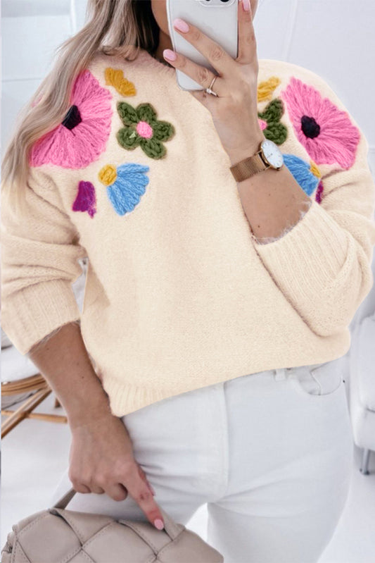 Blue Zone Planet | Beige Plus Size Crochet Flower Pullover Sweater-Plus Size/Plus Size Sweaters & Cardigans-[Adult]-[Female]-Beige-1X-2022 Online Blue Zone Planet