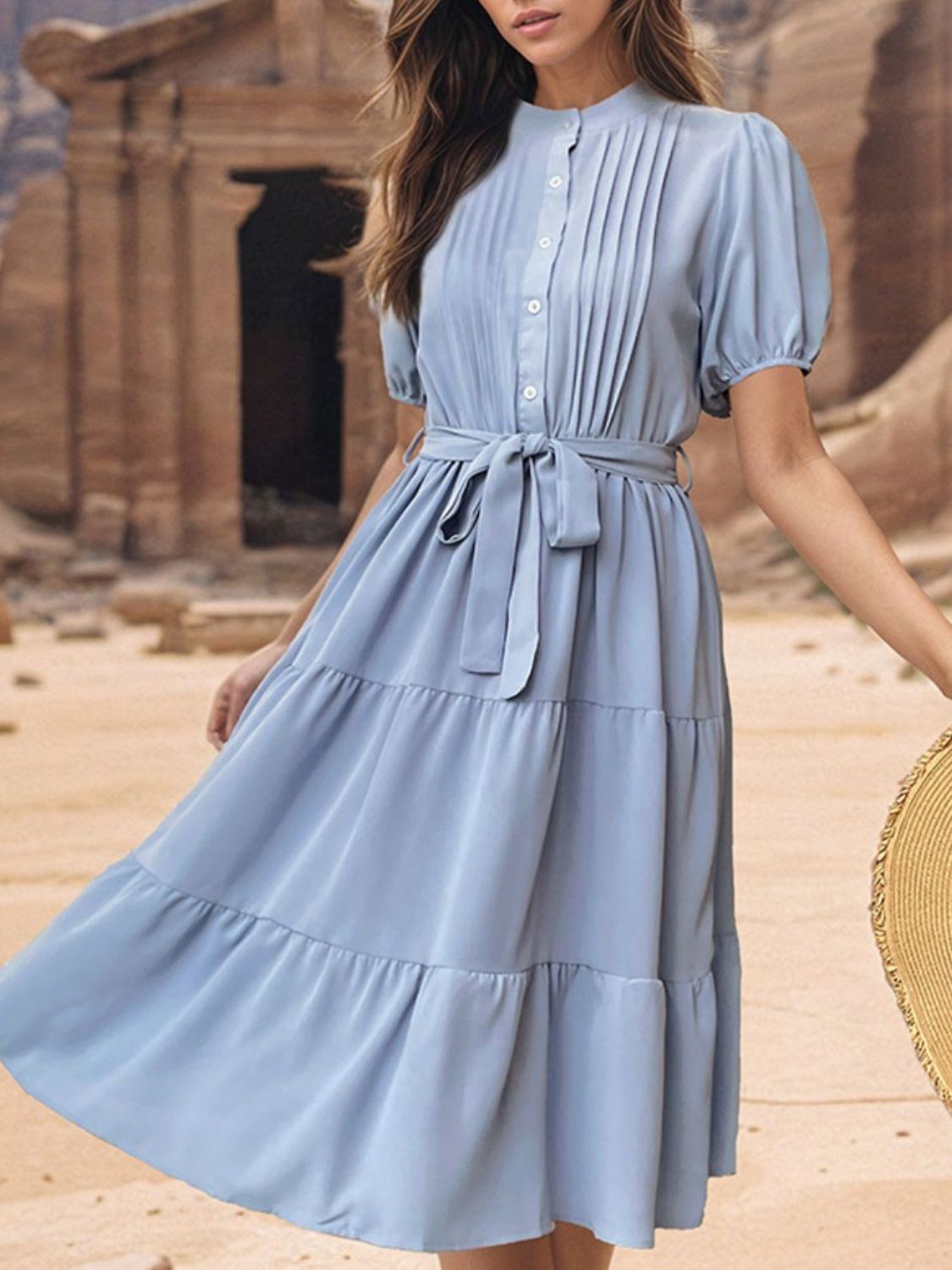 Tie Waist Puff Sleeve Midi Dress-TOPS / DRESSES-[Adult]-[Female]-2022 Online Blue Zone Planet