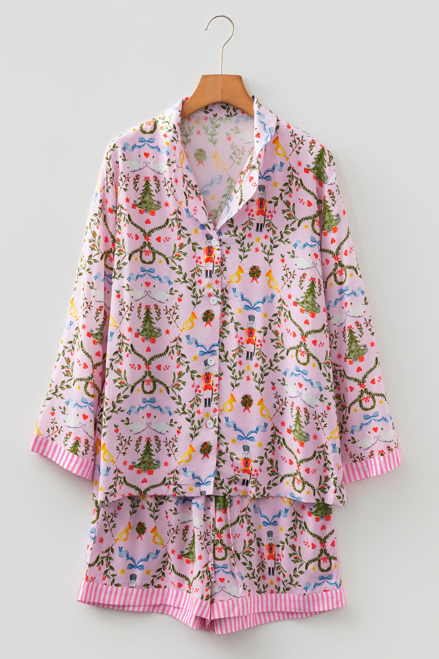 Pink Christmas Holiday Print Nutcracker Long Sleeve Shorts 2pcs Pajama Set-Loungewear & Sleepwear/Sleepwear-[Adult]-[Female]-2022 Online Blue Zone Planet