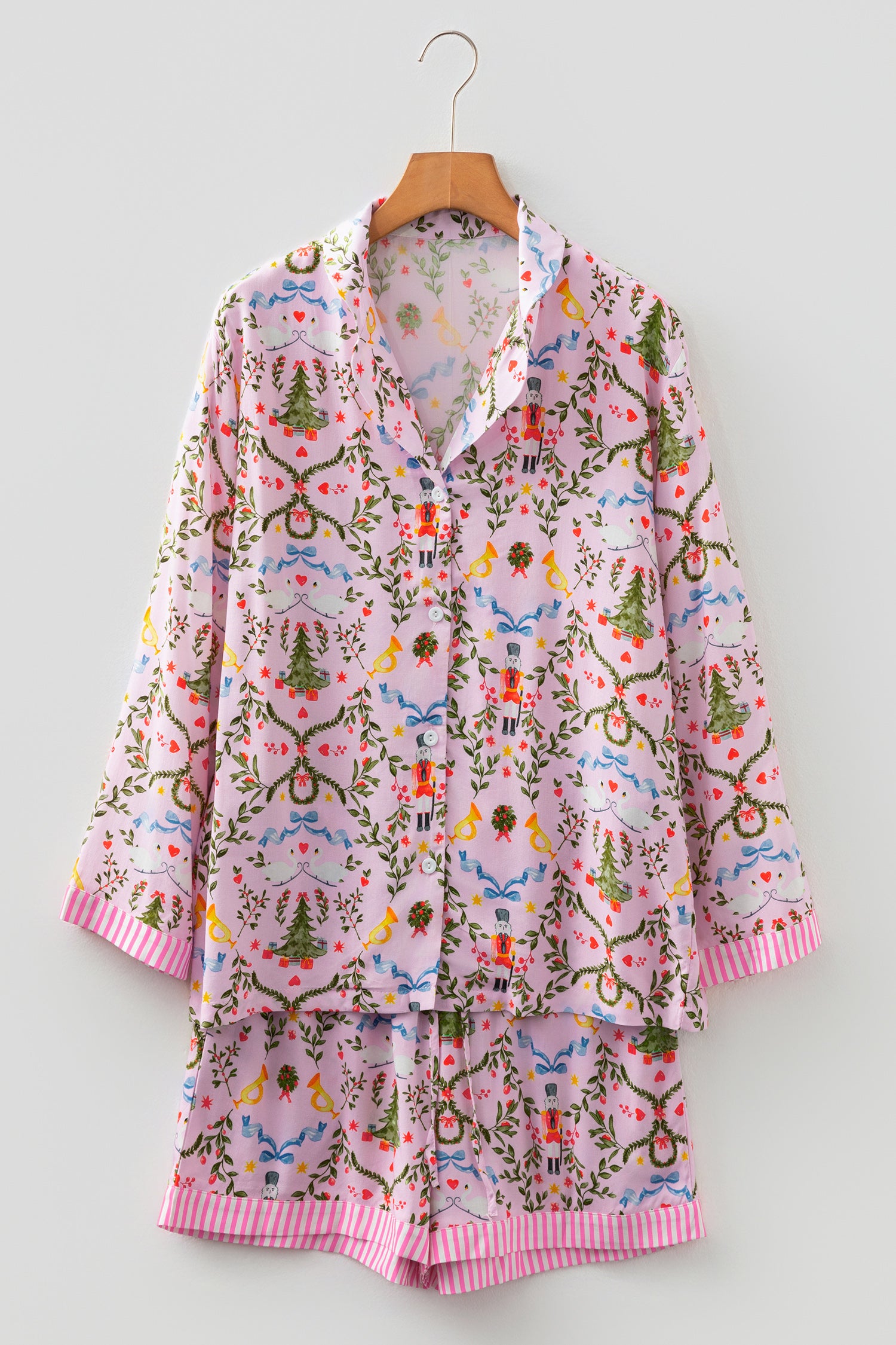 Pink Christmas Holiday Print Nutcracker Long Sleeve Shorts 2pcs Pajama Set-Loungewear & Sleepwear/Sleepwear-[Adult]-[Female]-2022 Online Blue Zone Planet