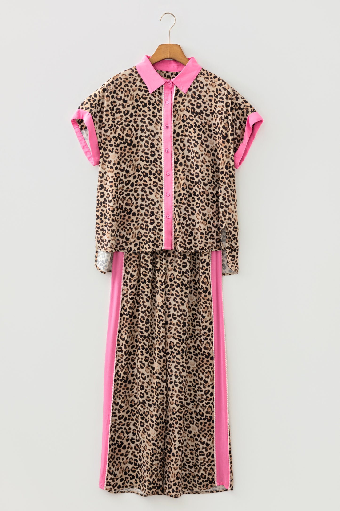 Brown Contrast Trim Leopard Top and Pant Set-Two Piece Sets/Pant Sets-[Adult]-[Female]-2022 Online Blue Zone Planet