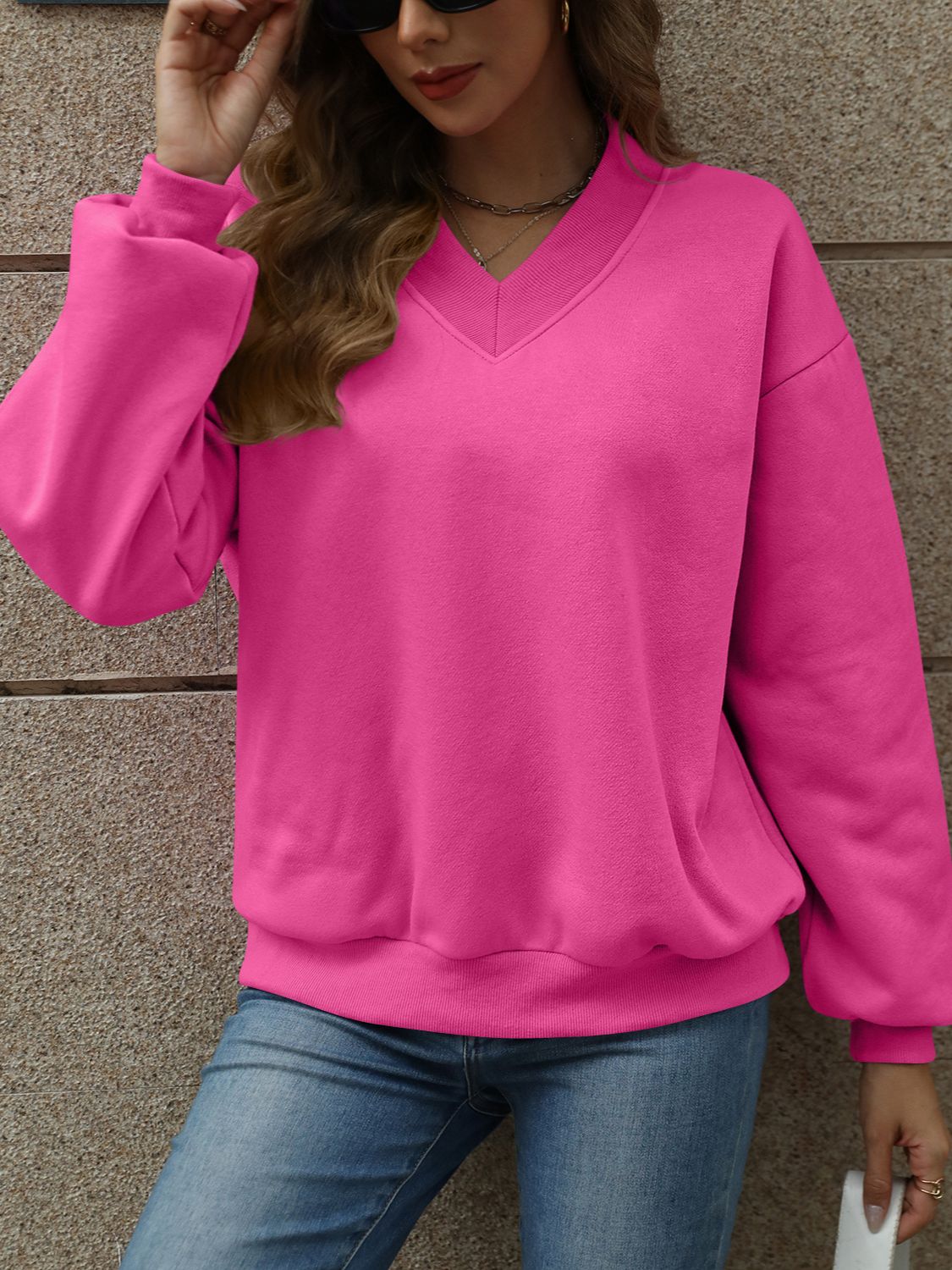 V-Neck Long Sleeve Dropped Shoulder Sweatshirt-TOPS / DRESSES-[Adult]-[Female]-2022 Online Blue Zone Planet