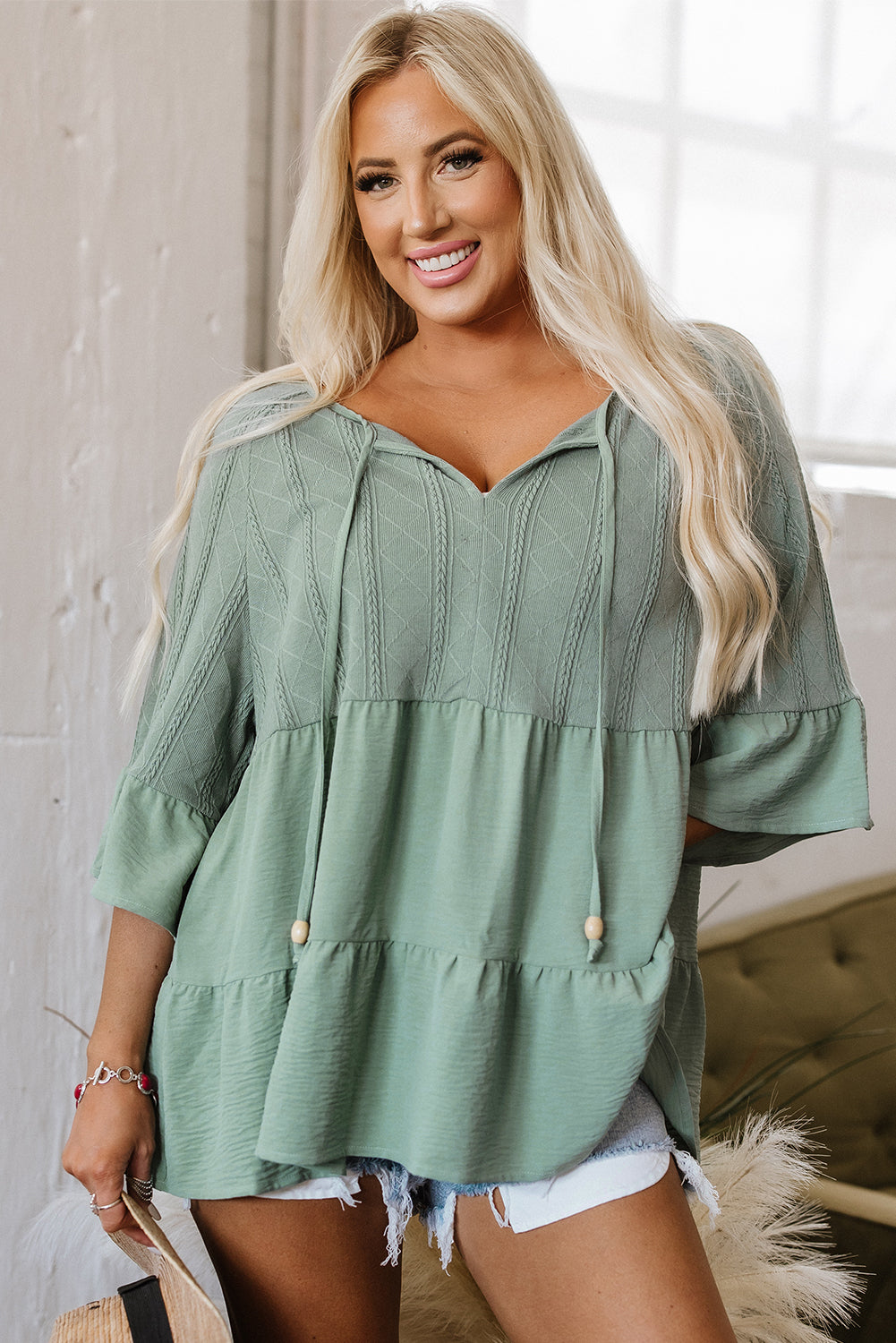 Laurel Green Tie Split Neck Textured Ruffle Patchwork Blouse-Tops/Blouses & Shirts-[Adult]-[Female]-2022 Online Blue Zone Planet