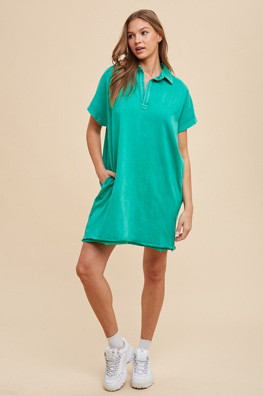 Annie Wear Mineral Washed Johnny Collar Short Sleeve Dress-TOPS / DRESSES-[Adult]-[Female]-2022 Online Blue Zone Planet