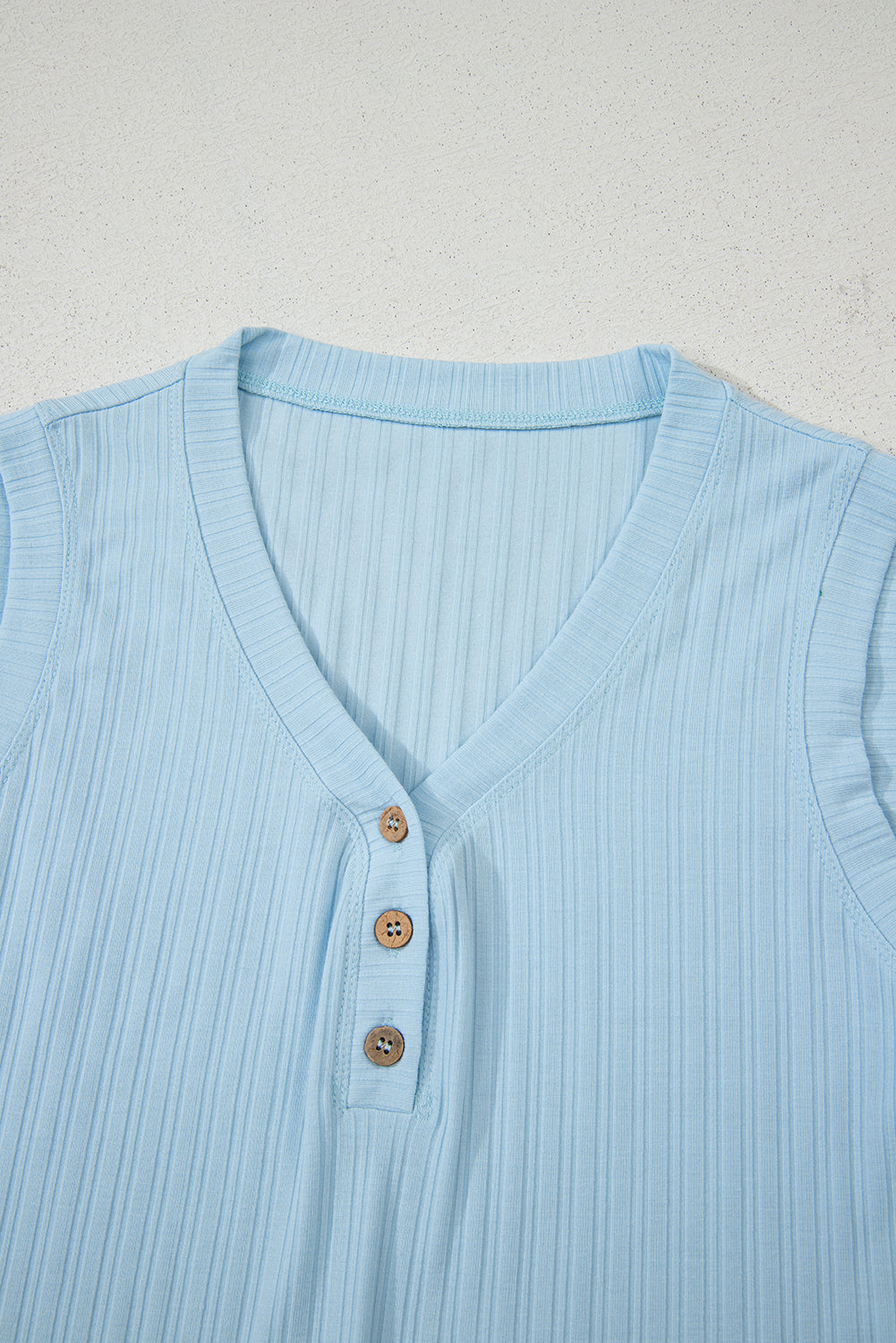 Beau Blue Ribbed Button V Neck Tank Top and Shorts Set-Two Piece Sets/Short Sets-[Adult]-[Female]-2022 Online Blue Zone Planet