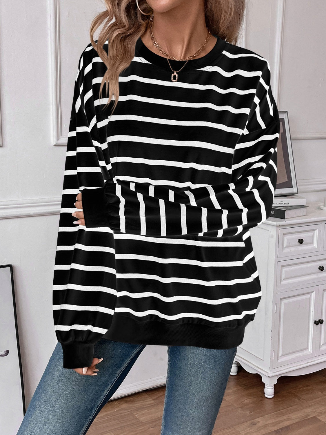 Blue Zone Planet | Lovelet Striped Round Neck Long Sleeve Sweatshirt-TOPS / DRESSES-[Adult]-[Female]-2022 Online Blue Zone Planet