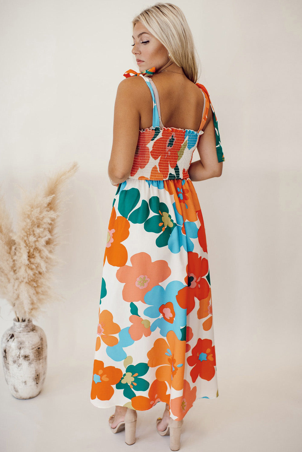 Orange Floral Self Tied Straps Smocked Bust Maxi Dress-Dresses/Floral Dresses-[Adult]-[Female]-2022 Online Blue Zone Planet