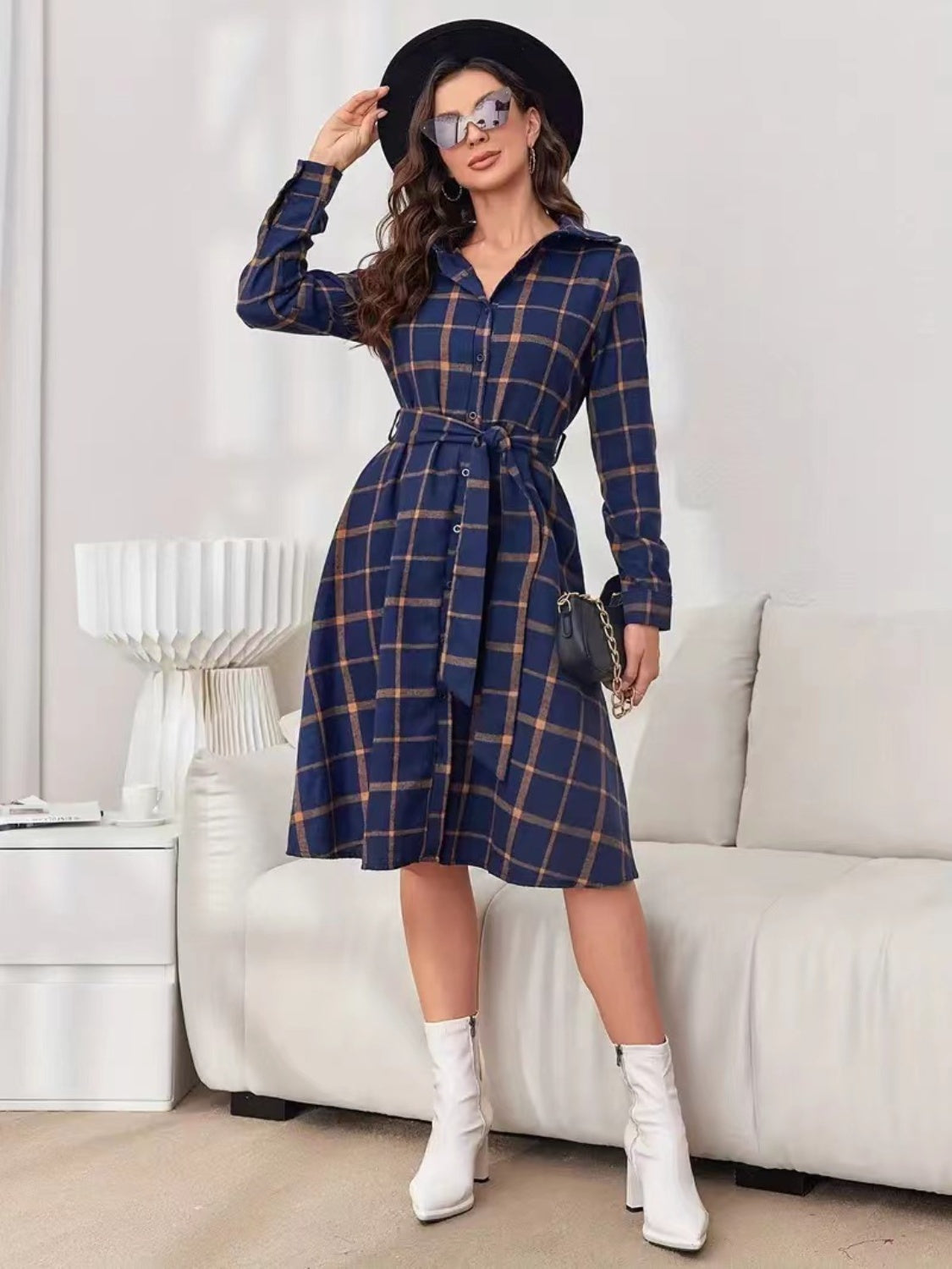 Plaid Tie Waist Long Sleeve Dress-TOPS / DRESSES-[Adult]-[Female]-2022 Online Blue Zone Planet