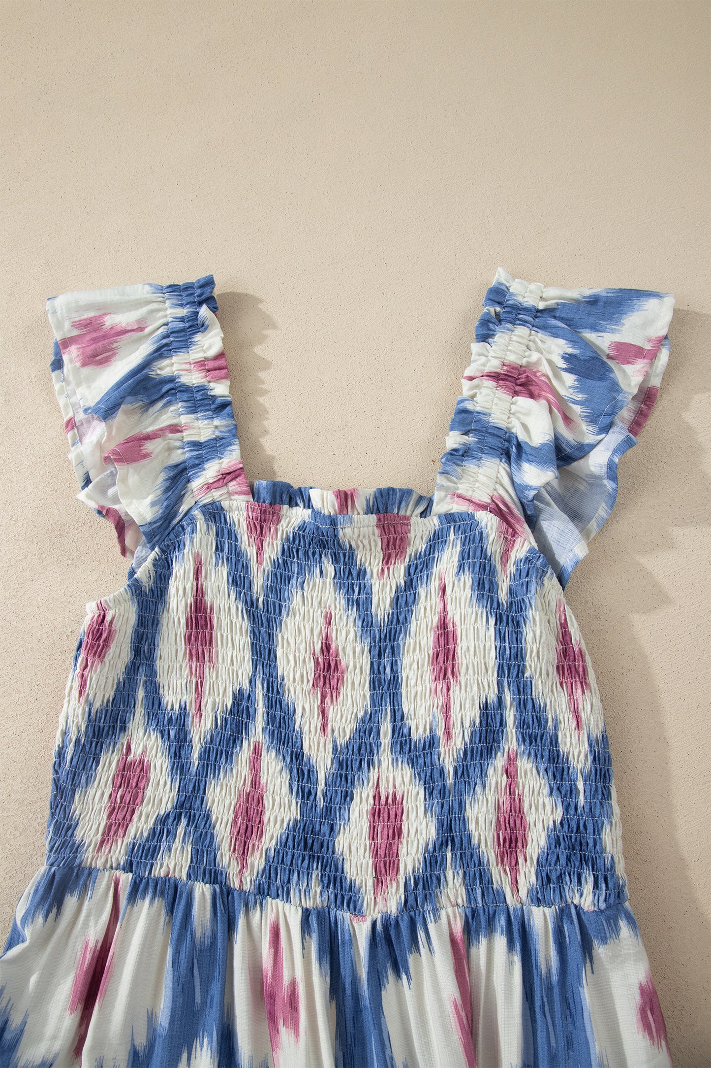 Sky Blue Ethnic Geometric Print Square Neck Smocked High Waist Ruffle Sleeve Dress-TOPS / DRESSES-[Adult]-[Female]-2022 Online Blue Zone Planet