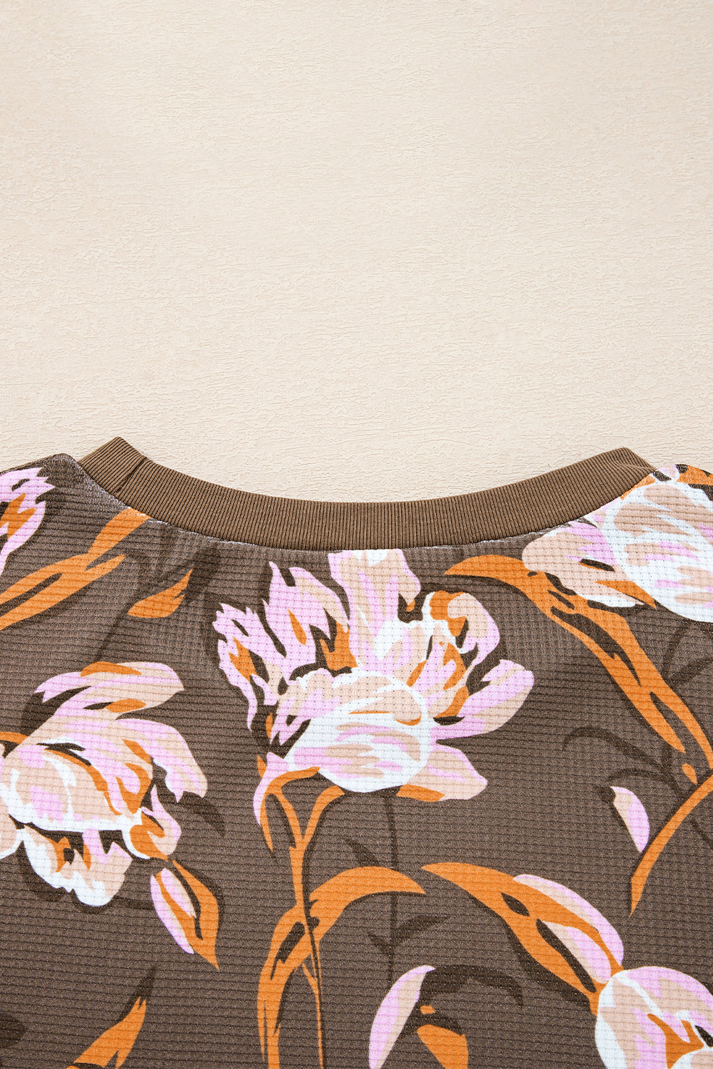 Brown Floral Print Waffle Textured Long Sleeve Top-Tops/Long Sleeve Tops-[Adult]-[Female]-2022 Online Blue Zone Planet