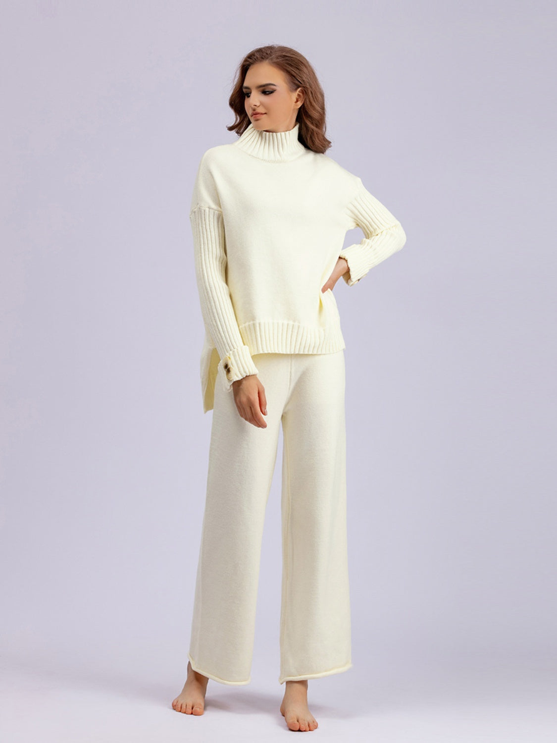 Blue Zone Planet | Basic Bae High- Low Turtleneck Long Sleeve Top and Pants Sweater Set-TOPS / DRESSES-[Adult]-[Female]-Cream-One Size-2022 Online Blue Zone Planet