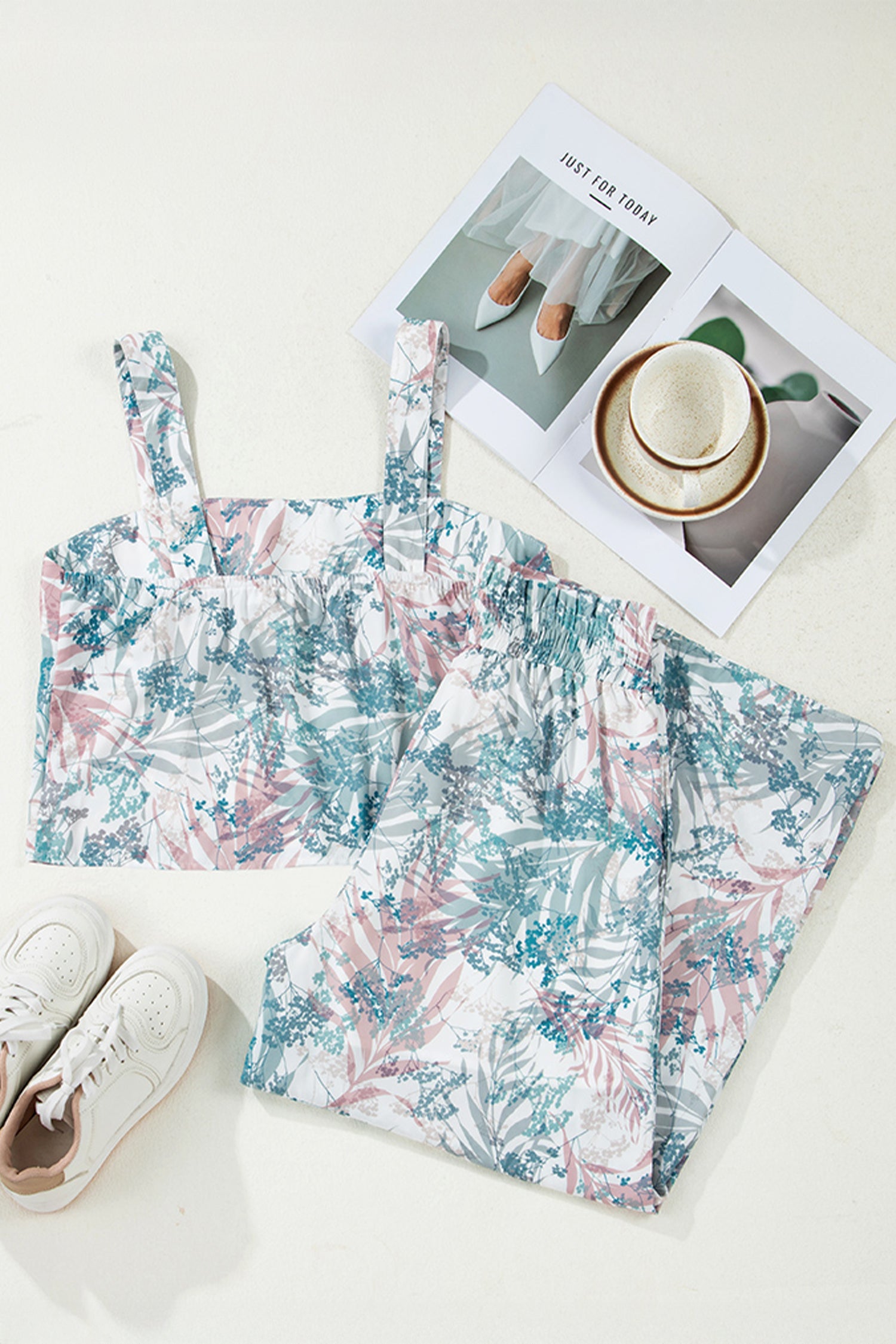 Green Tropical Palm Printed Cropped Tank Drawstring Wide Leg Pant Set-Two Piece Sets/Pant Sets-[Adult]-[Female]-2022 Online Blue Zone Planet