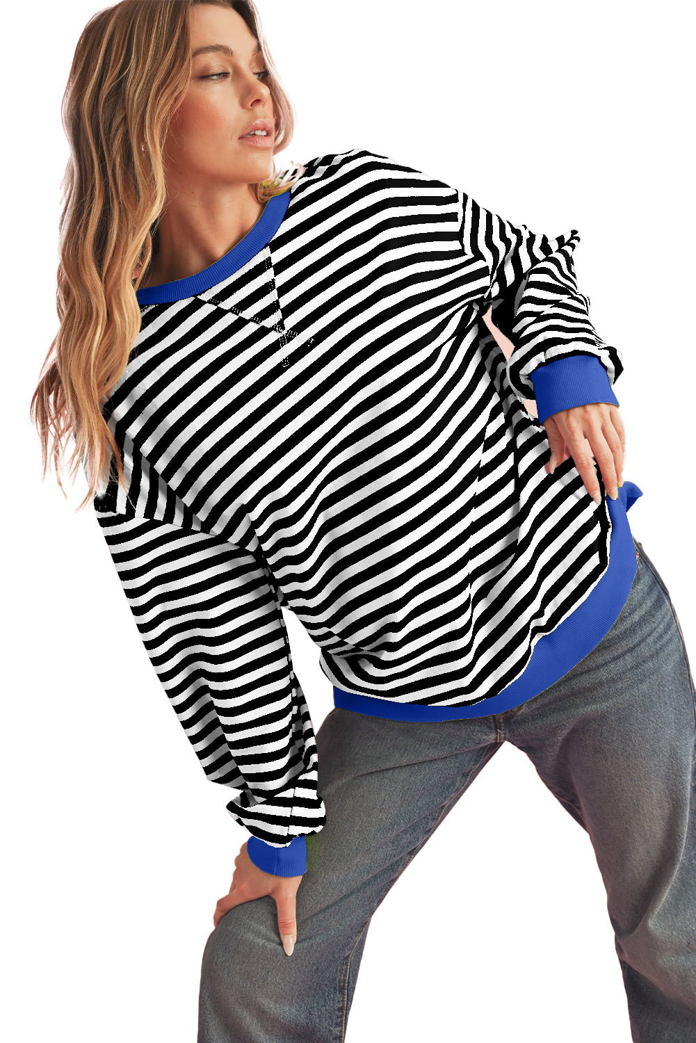 Black Stripe Contrast Edge Cross Seam Oversized Sweatshirt-Sweatshirts & Hoodies-[Adult]-[Female]-2022 Online Blue Zone Planet