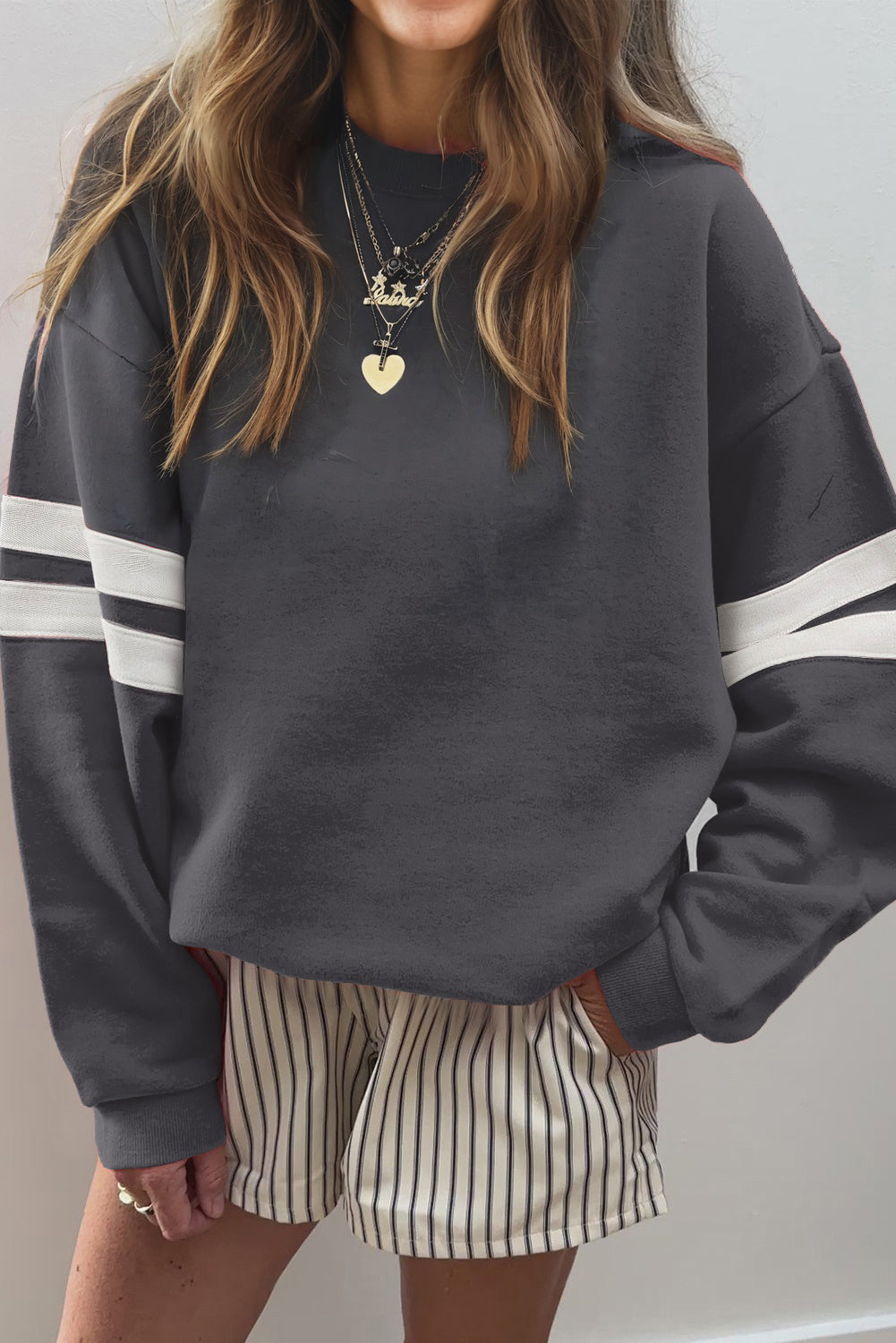 Light French Beige Varsity Striped Detail Drop Shoulder Oversized Sweatshirt-Tops/Sweatshirts & Hoodies-[Adult]-[Female]-Dark Grey-S-2022 Online Blue Zone Planet