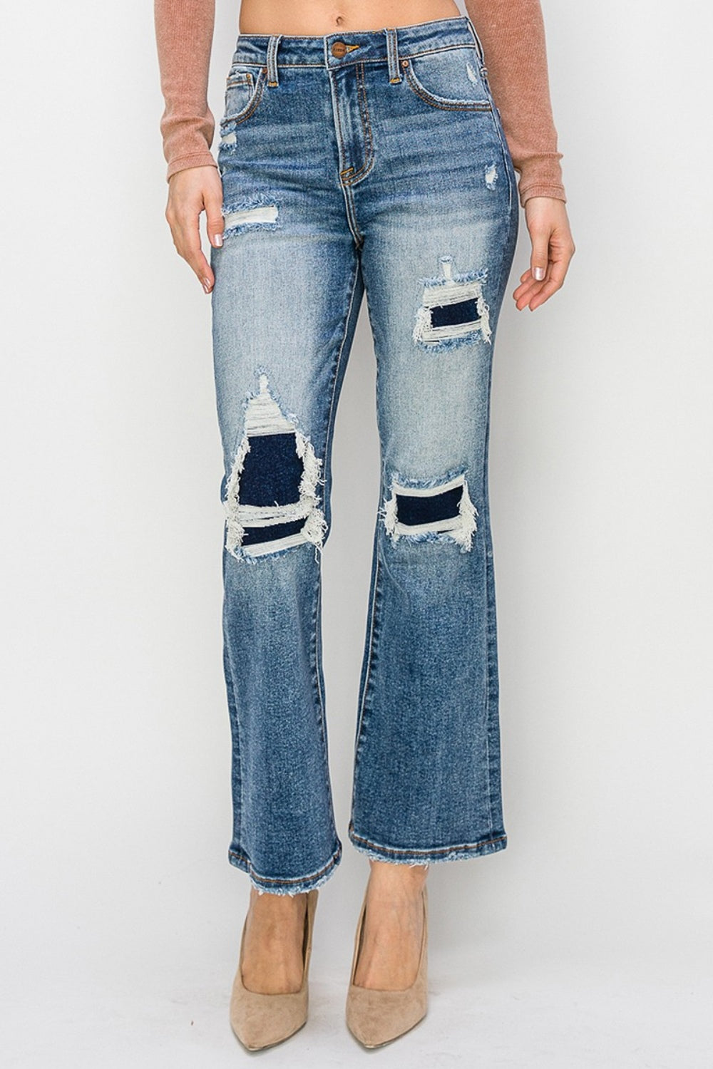 Blue Zone Planet | Risen Full Size High Rise Distressed Ankle Flare Jeans-TOPS / DRESSES-[Adult]-[Female]-Dark-0(24)-2022 Online Blue Zone Planet