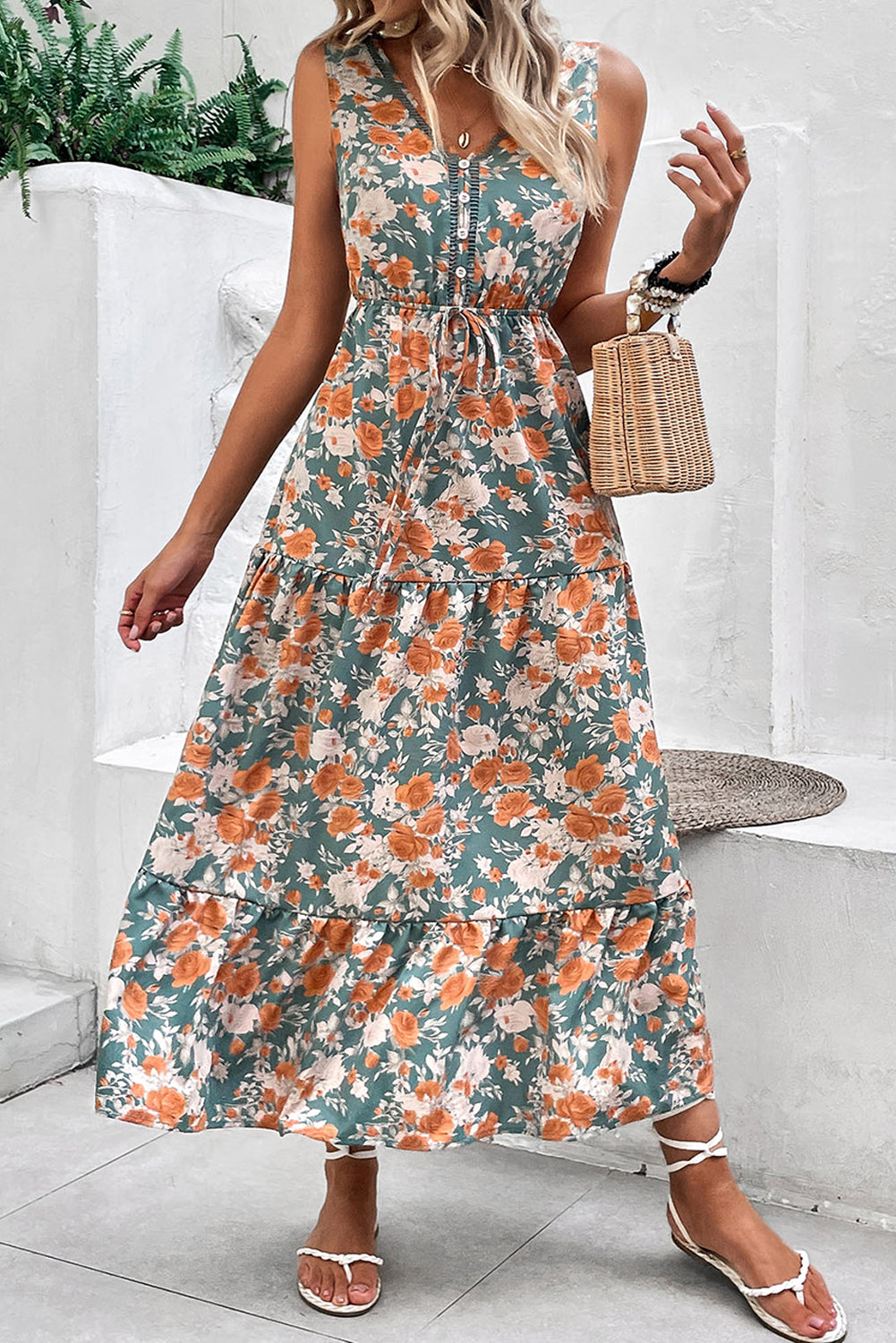Green Floral Print Trimmed V Neck Tie Waist Sleeveless Holiday Long Dress-TOPS / DRESSES-[Adult]-[Female]-Green-S-2022 Online Blue Zone Planet