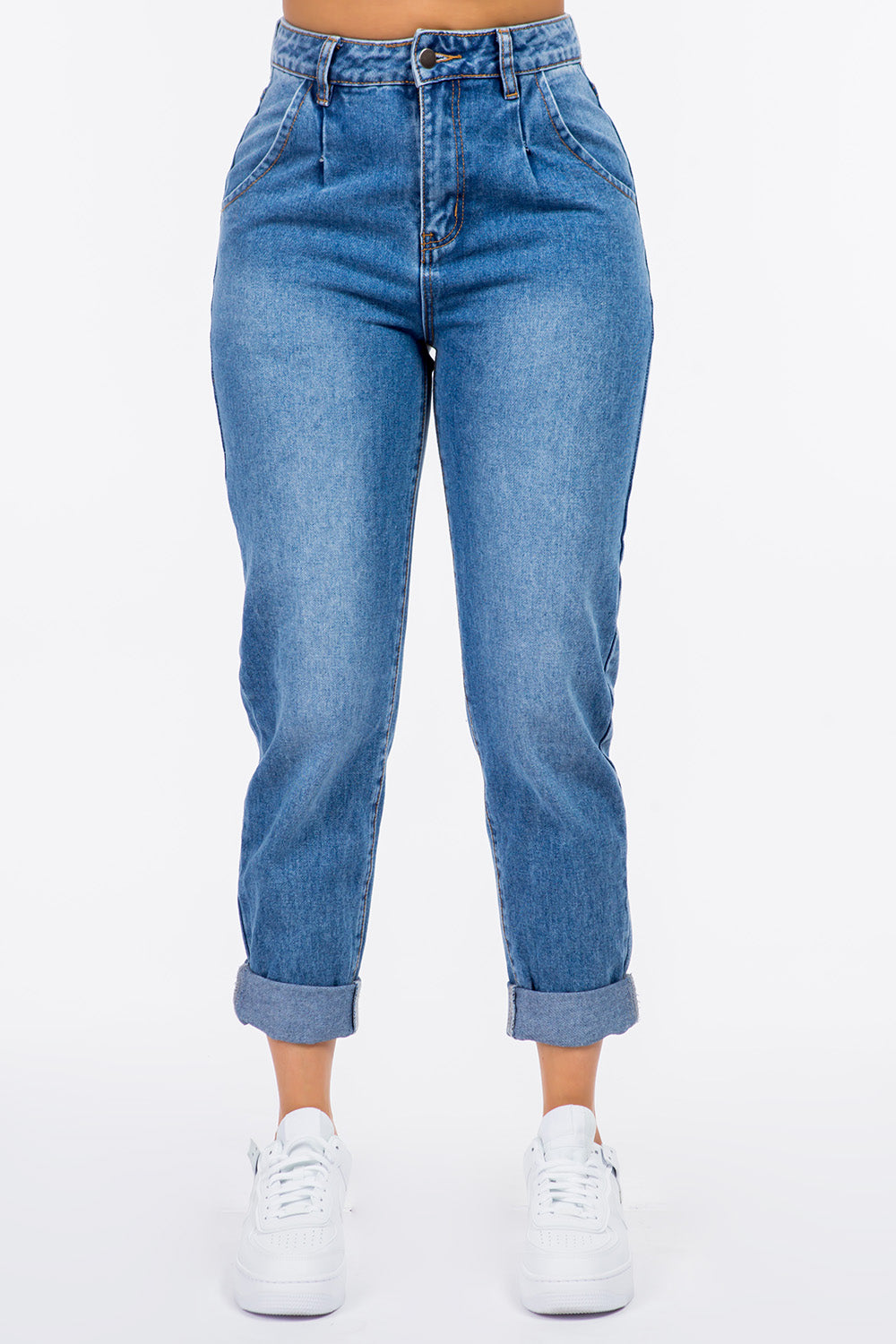 Blue Zone Planet | American Bazi High Waist Pleated Waist Mom Jeans-TOPS / DRESSES-[Adult]-[Female]-Blue-S-2022 Online Blue Zone Planet