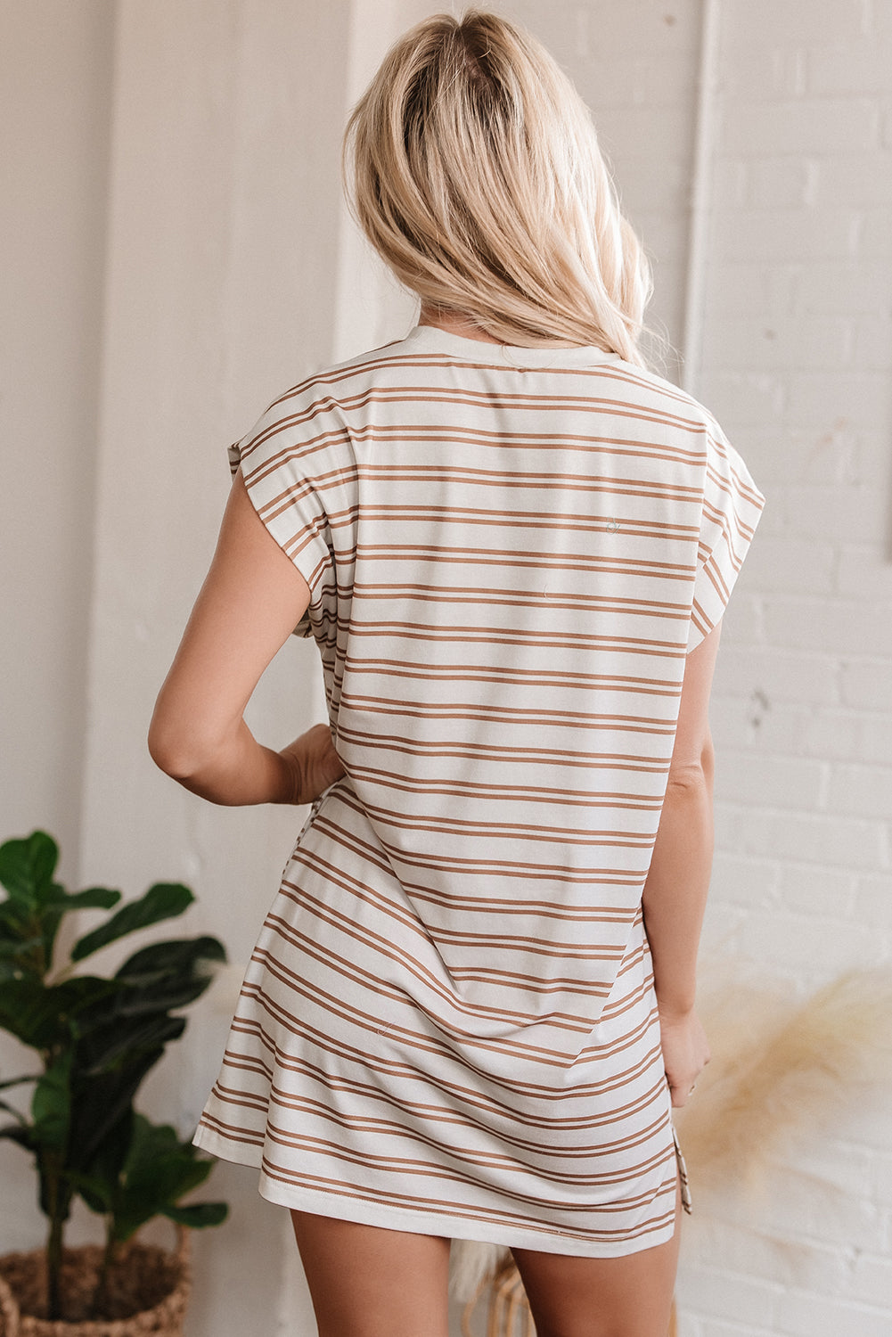 Khaki Stripe Round Neck Sleeveless Casual Pocketed Mini Dress-TOPS / DRESSES-[Adult]-[Female]-2022 Online Blue Zone Planet