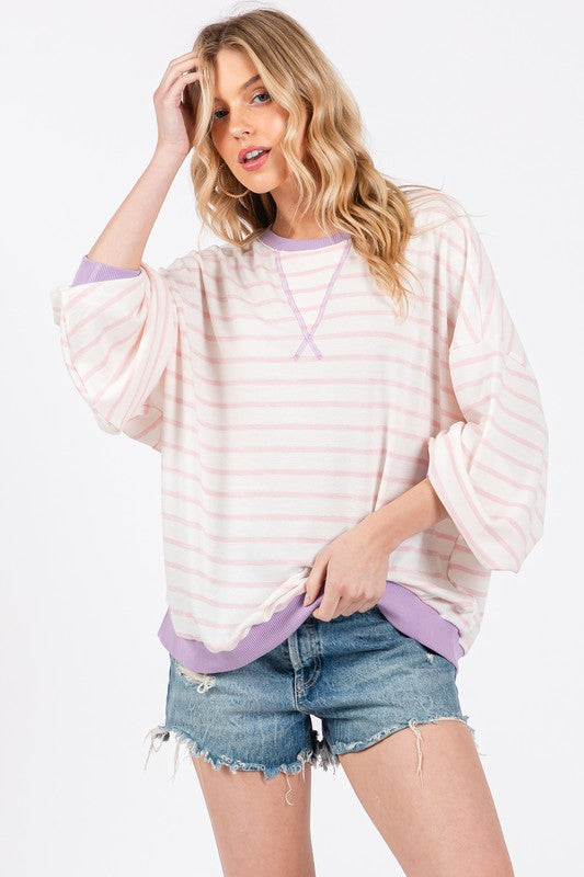 Ces Femme Striped Round Neck Drop Shoulder Sweatshirt-TOPS / DRESSES-[Adult]-[Female]-2022 Online Blue Zone Planet