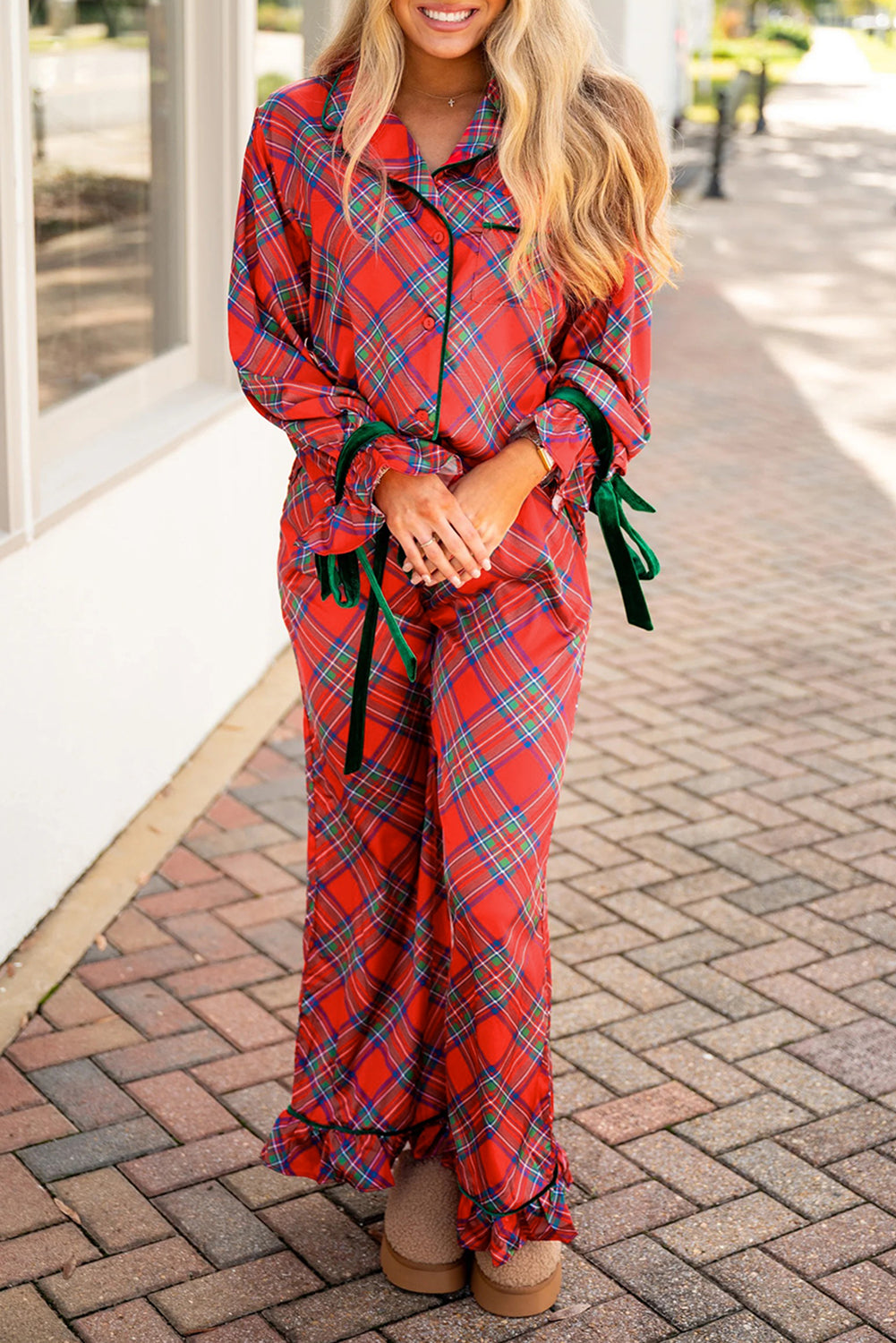 Fiery Red Christmas Plaid Satin Pajama Set with Contrast Velvet Ties-Loungewear & Sleepwear/Sleepwear-[Adult]-[Female]-Fiery Red-S-2022 Online Blue Zone Planet