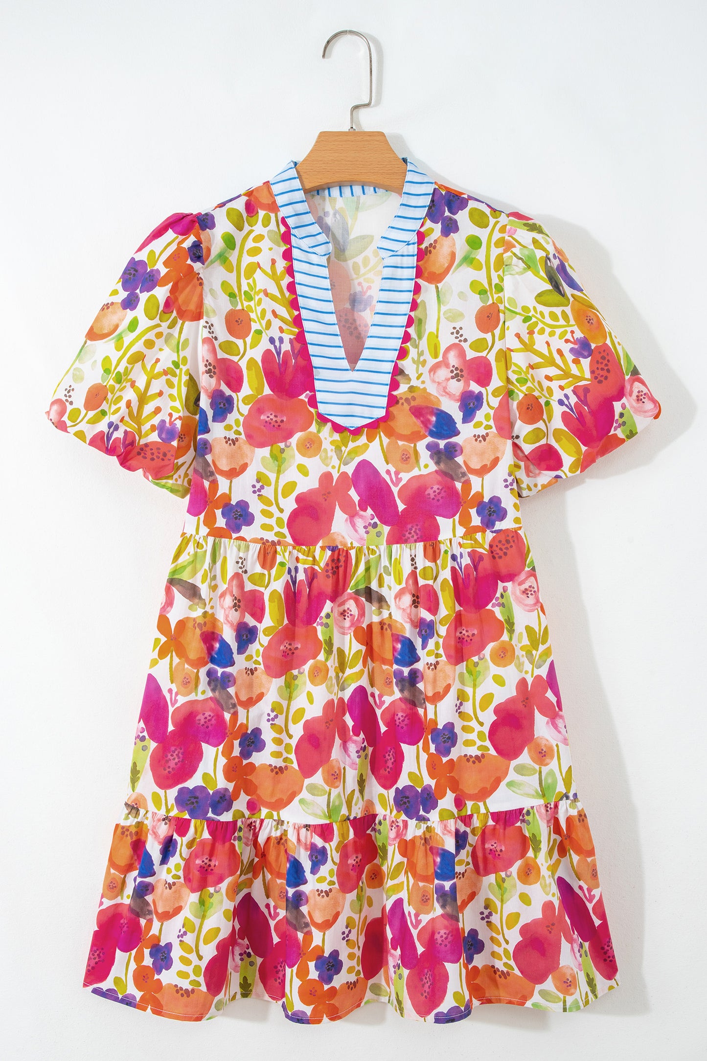 Rose Bright Floral Print Ricrac Trim Striped Patchwork V Neck Dress-TOPS / DRESSES-[Adult]-[Female]-2022 Online Blue Zone Planet