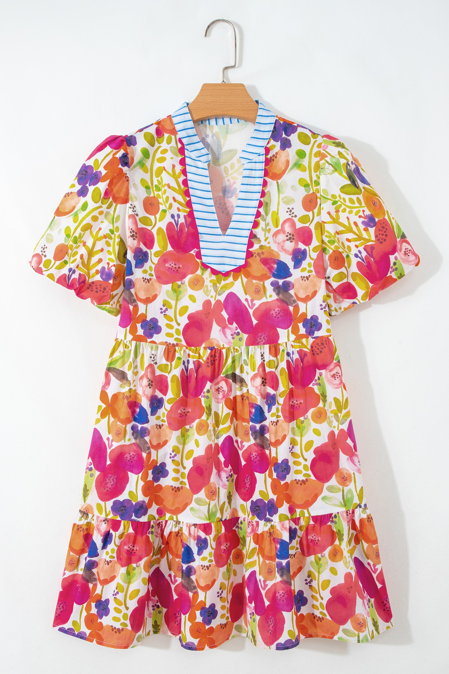 Rose Bright Floral Print Ricrac Trim Striped Patchwork V Neck Dress-TOPS / DRESSES-[Adult]-[Female]-2022 Online Blue Zone Planet