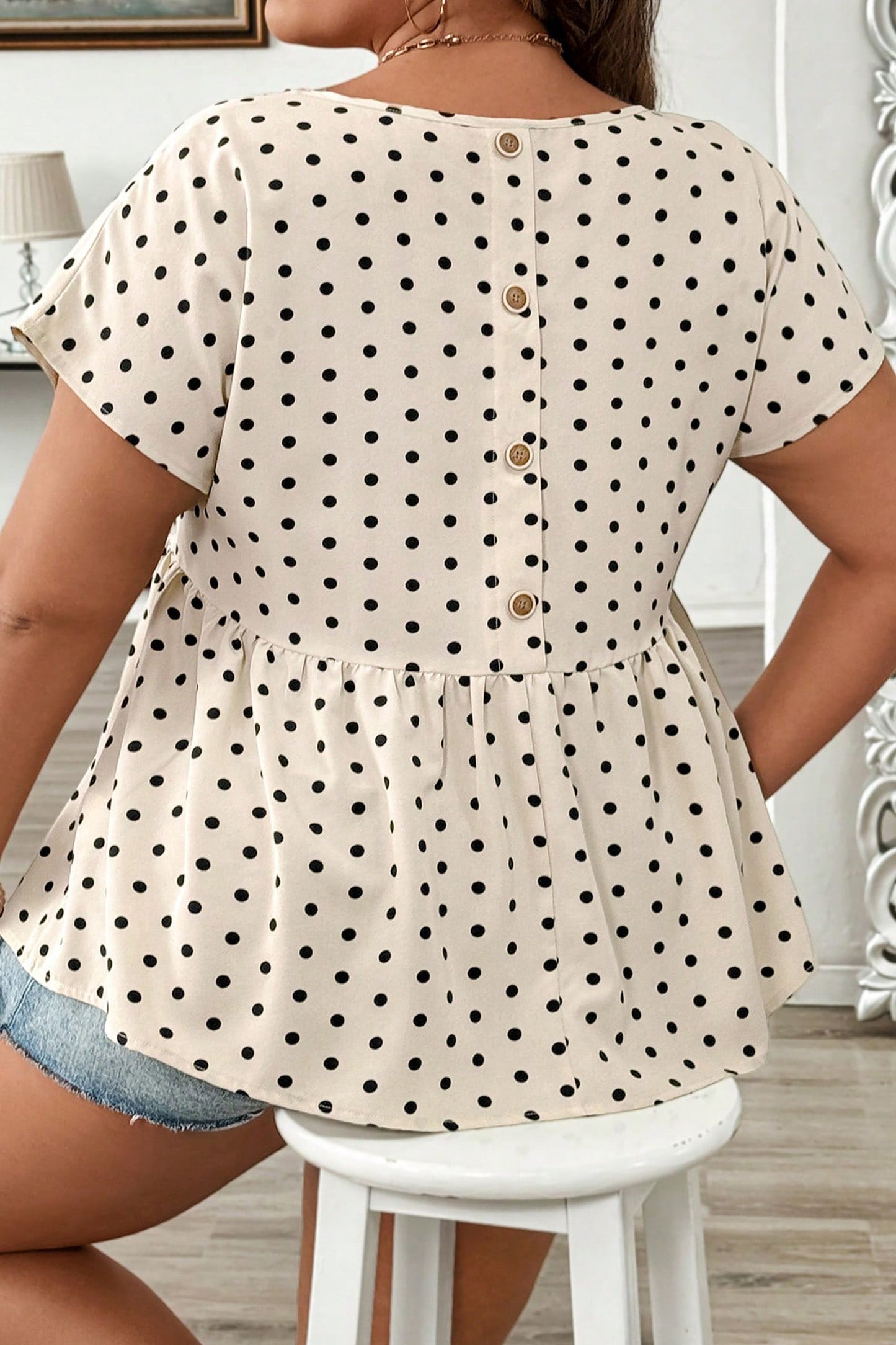 Apricot Plus Size Polka Dot Print Button Detail Short Sleeve Babydoll Blouse-Plus Size/Plus Size Tops/Plus Size Blouses & Shirts-[Adult]-[Female]-2022 Online Blue Zone Planet