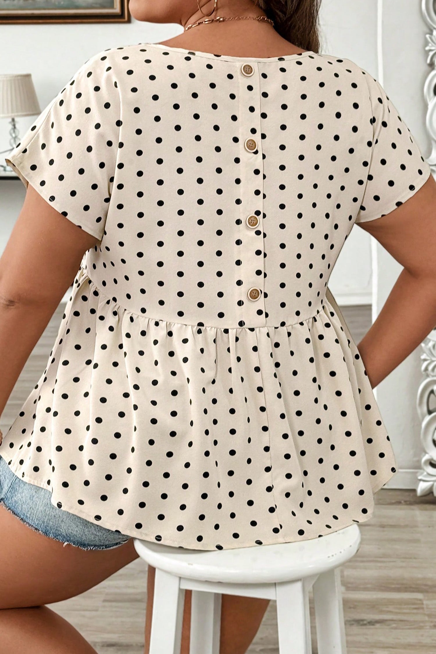 Apricot Plus Size Polka Dot Print Button Detail Short Sleeve Babydoll Blouse-Plus Size/Plus Size Tops/Plus Size Blouses & Shirts-[Adult]-[Female]-2022 Online Blue Zone Planet
