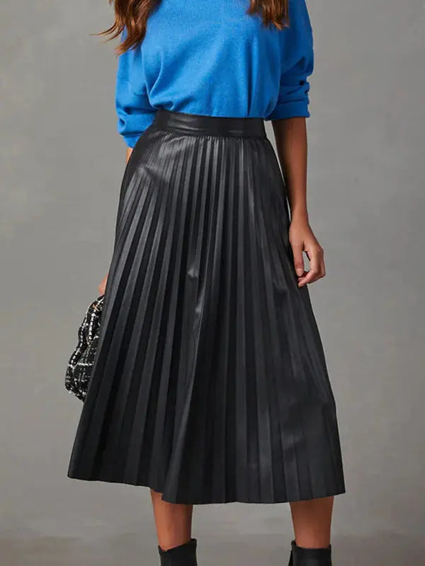 elegant pleated PU leather skirt with waist A-line skirt and drapey large pleated skirt kakaclo