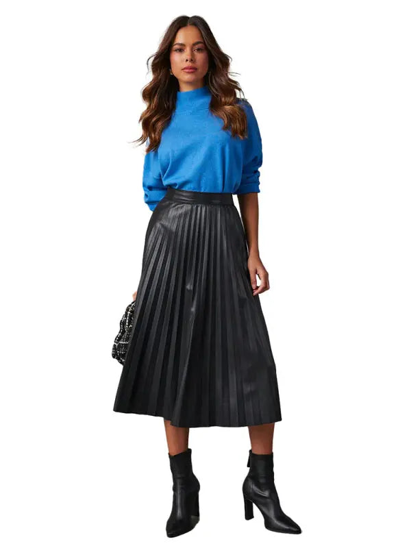 elegant pleated PU leather skirt with waist A-line skirt and drapey large pleated skirt kakaclo