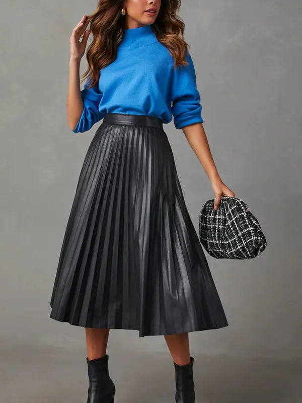 elegant pleated PU leather skirt with waist A-line skirt and drapey large pleated skirt kakaclo