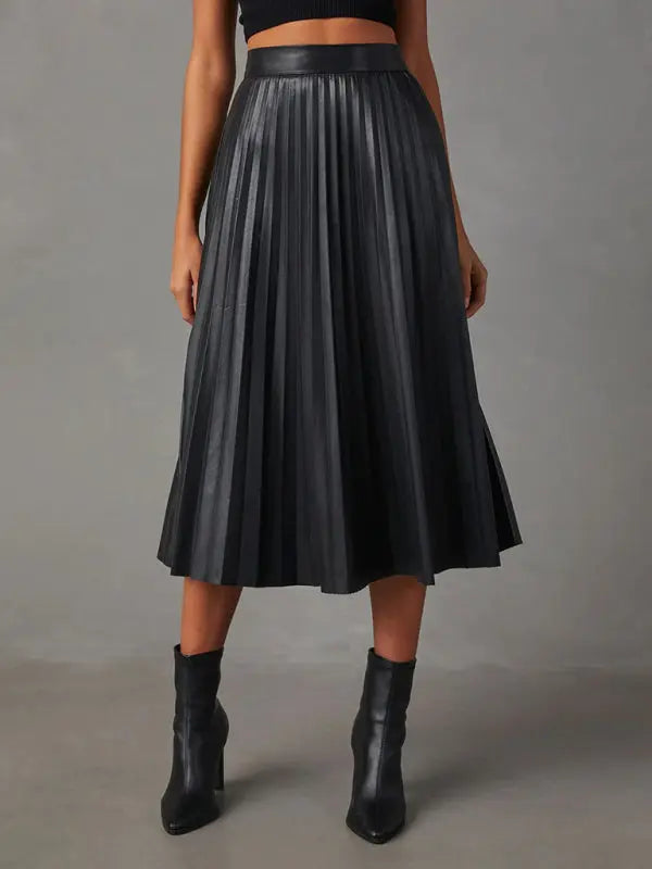 elegant pleated PU leather skirt with waist A-line skirt and drapey large pleated skirt kakaclo
