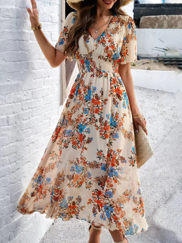 elegant printed waist-cinching short-sleeved dress BLUE ZONE PLANET