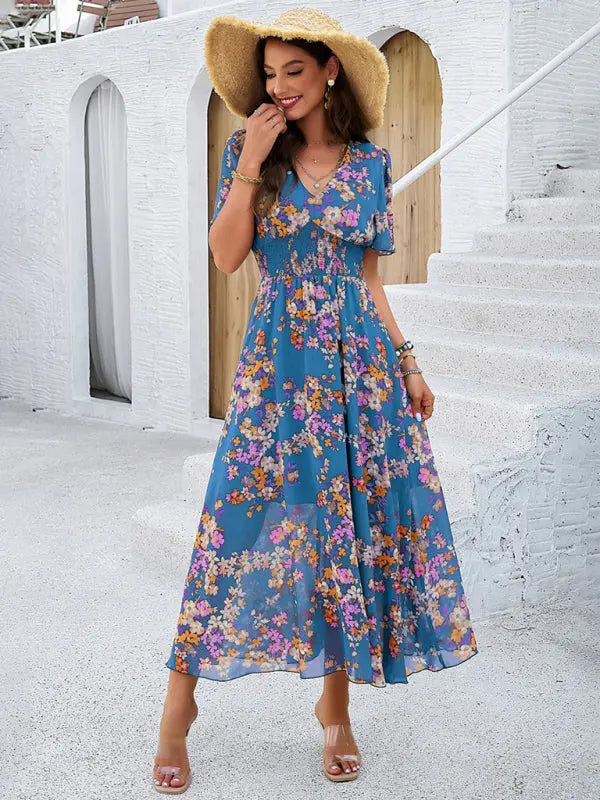 elegant printed waist-cinching short-sleeved dress BLUE ZONE PLANET