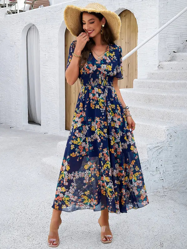 elegant printed waist-cinching short-sleeved dress BLUE ZONE PLANET