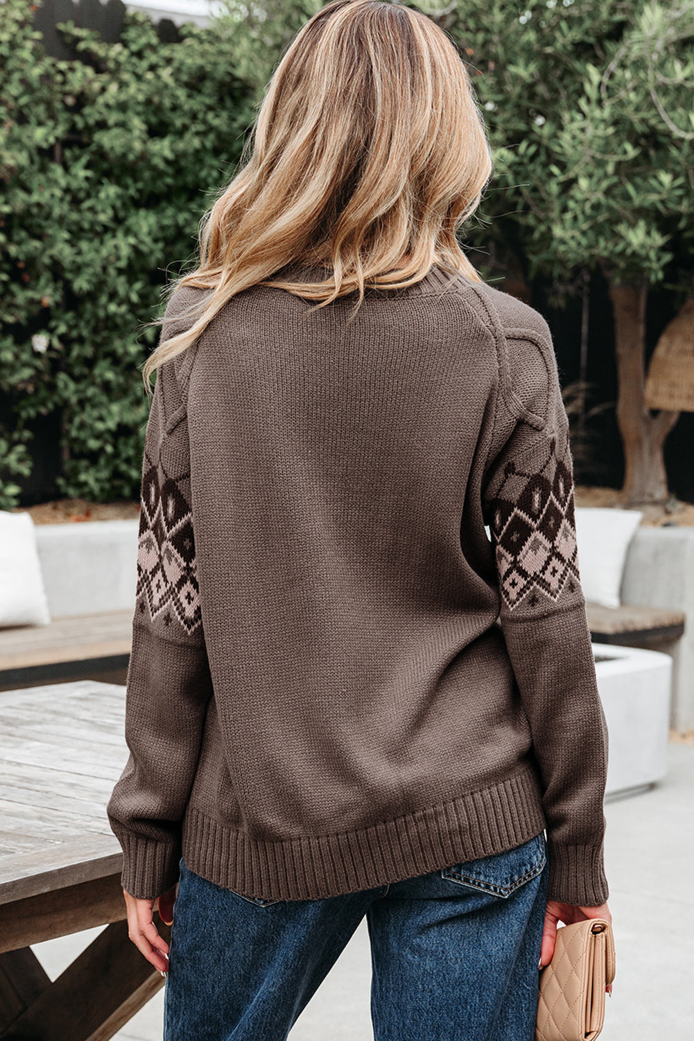 Light French Beige Western Geometric Patterned Crew Neck Knitted Sweater-Sweaters & Cardigans/Sweaters-[Adult]-[Female]-2022 Online Blue Zone Planet