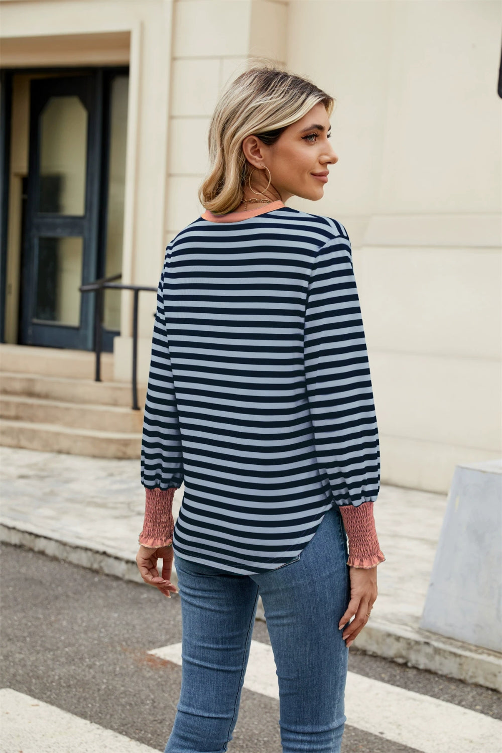 Contrast Striped Notched Long Sleeve Top-TOPS / DRESSES-[Adult]-[Female]-2022 Online Blue Zone Planet