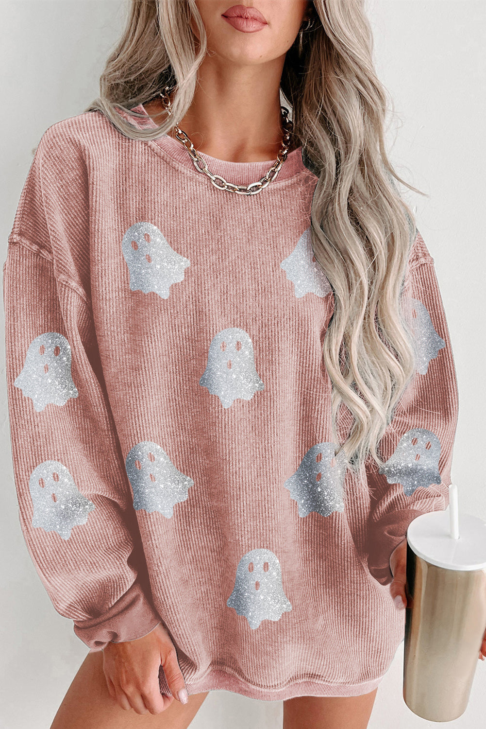 Pink Halloween Ghost Corded Crew Neck Loose Sweatshirt-Graphic/Graphic Sweatshirts-[Adult]-[Female]-Pink-S-2022 Online Blue Zone Planet