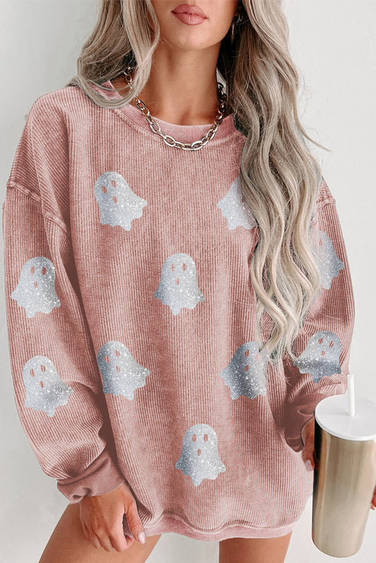 Pink Halloween Ghost Corded Crew Neck Loose Sweatshirt-Graphic/Graphic Sweatshirts-[Adult]-[Female]-Pink-S-2022 Online Blue Zone Planet