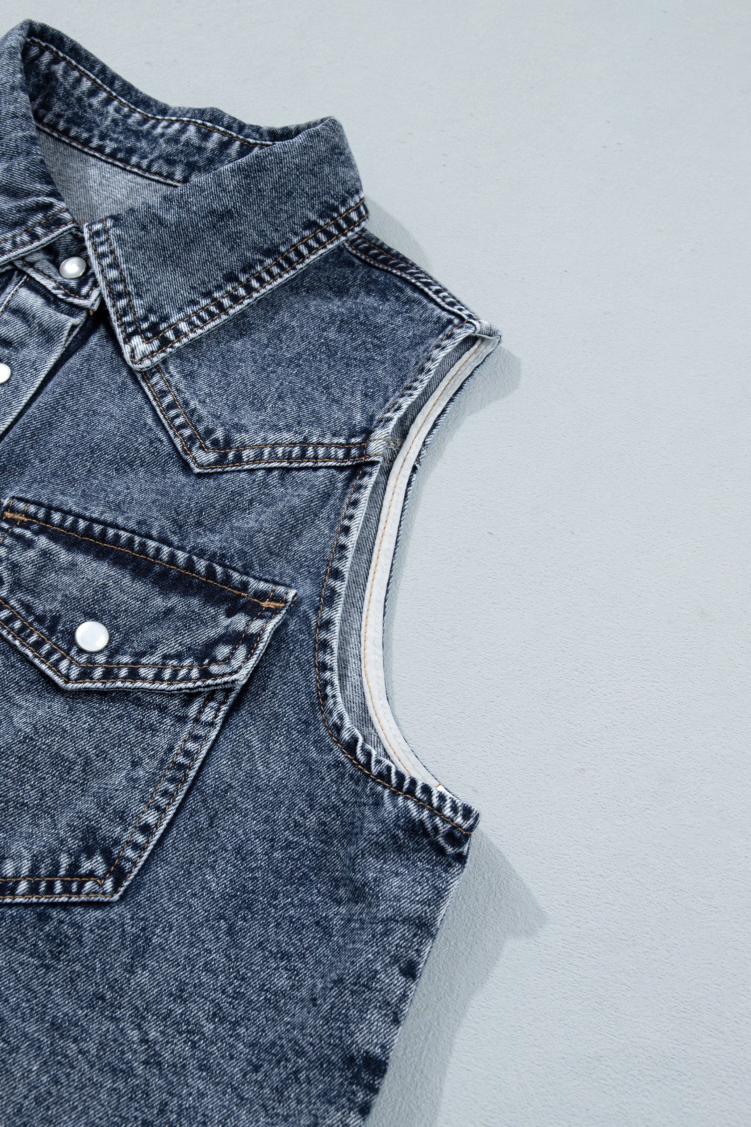 Ashleigh Blue Solid Denim Button Front Pocket Sleeveless Cowboy Vest-Outerwear/Vests-[Adult]-[Female]-2022 Online Blue Zone Planet