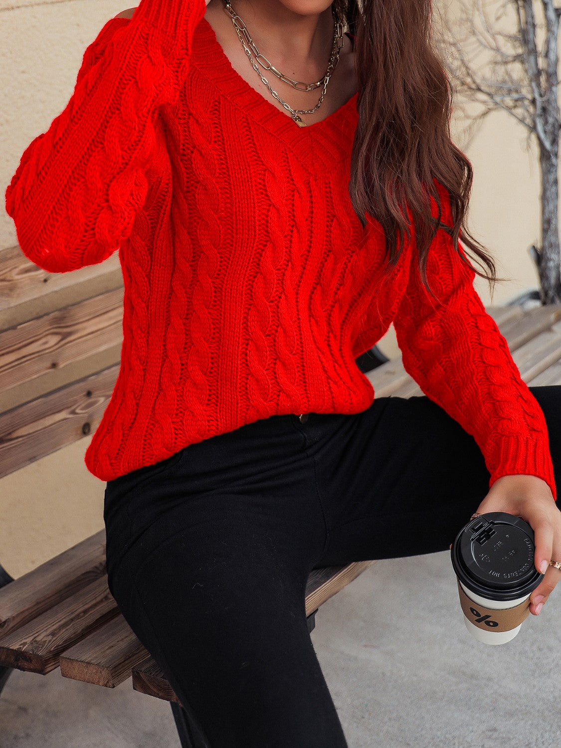 Honey Cable-Knit V-Neck Cold Shoulder Sweater-TOPS / DRESSES-[Adult]-[Female]-2022 Online Blue Zone Planet