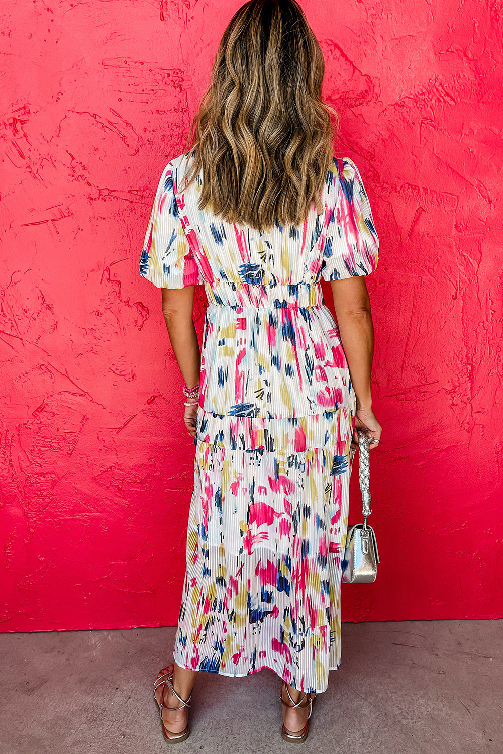 Rose Abstract Print Short Puff Sleeve Tiered Maxi Dress-TOPS / DRESSES-[Adult]-[Female]-2022 Online Blue Zone Planet